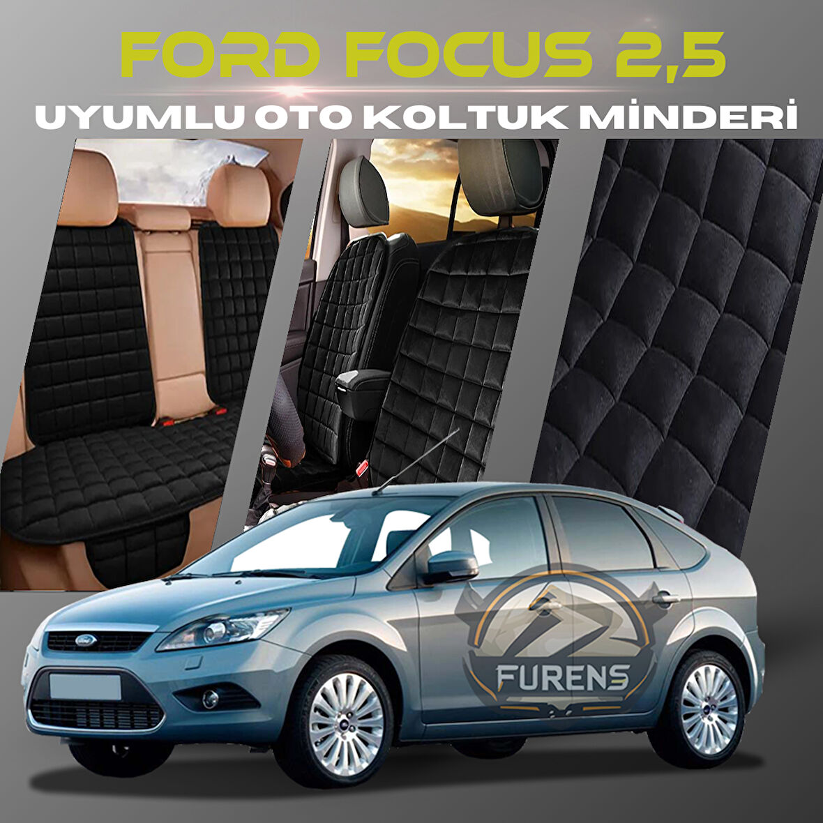 Ford Focus 2.5 Siyah Renk Tay Tüyü Cepli & Terletmez Sırtlı Oto Koltuk Minder Seti - Koltuk Koruma Kılıfı (ÖN & ARKA TAM SET)