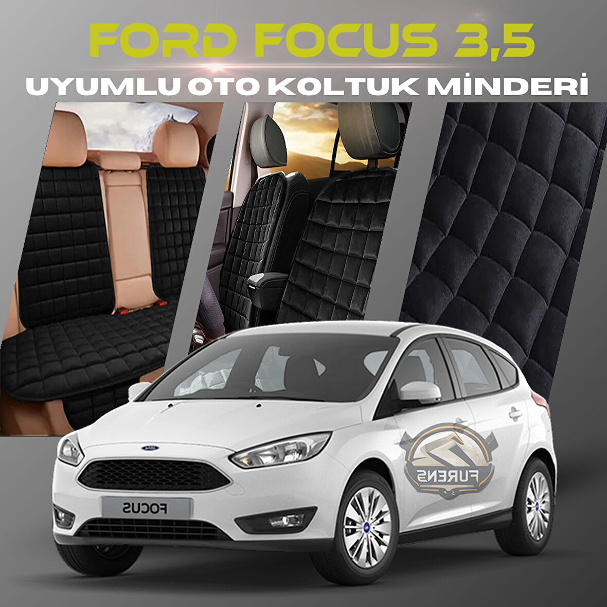 Ford Focus 3.5 Siyah Renk Tay Tüyü Cepli & Terletmez Sırtlı Oto Koltuk Minder Seti - Koltuk Koruma Kılıfı (ÖN & ARKA TAM SET)