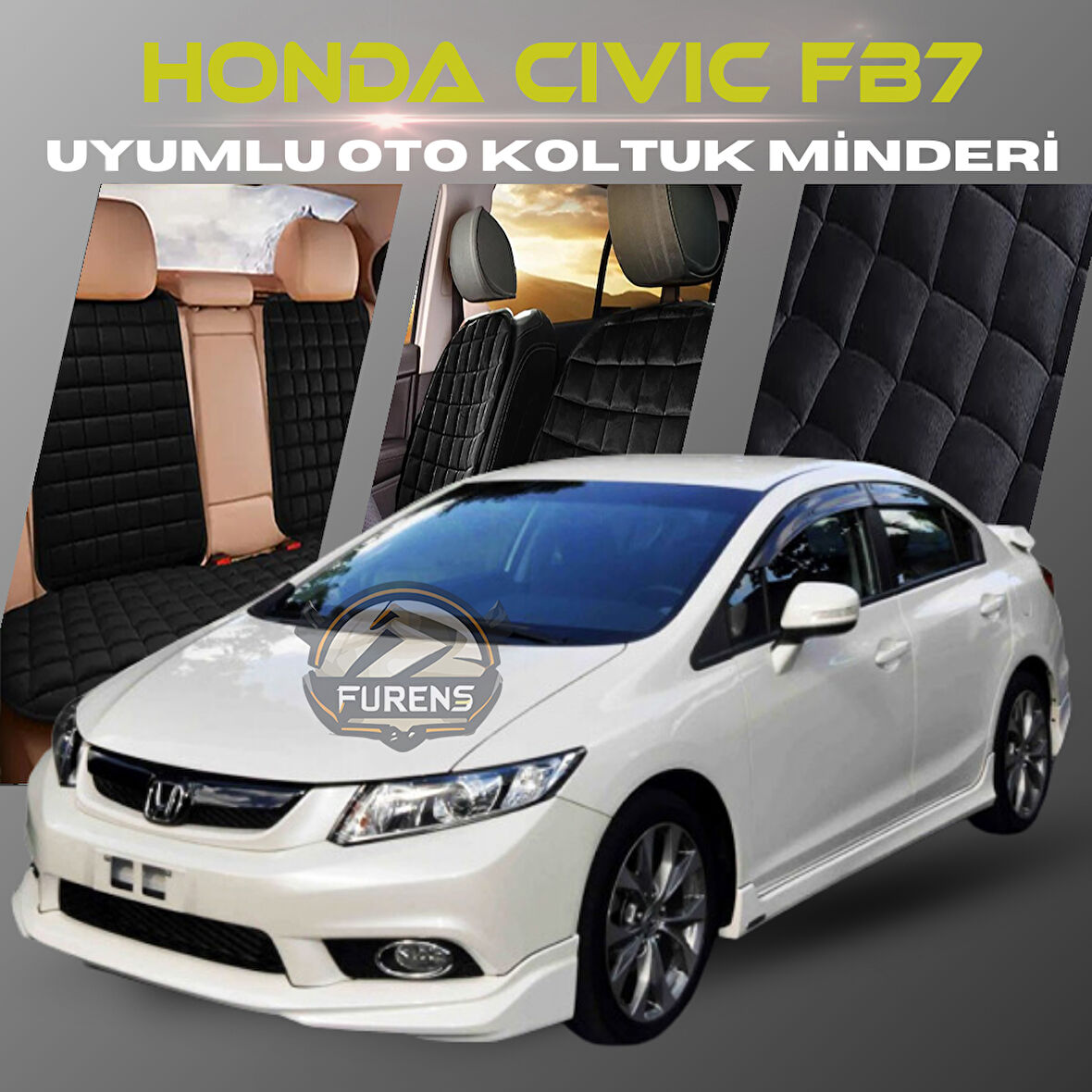 Honda Civic FB7 Siyah Renk Tay Tüyü Cepli & Terletmez Sırtlı Oto Koltuk Minder Seti - Koltuk Koruma Kılıfı (ÖN & ARKA TAM SET)