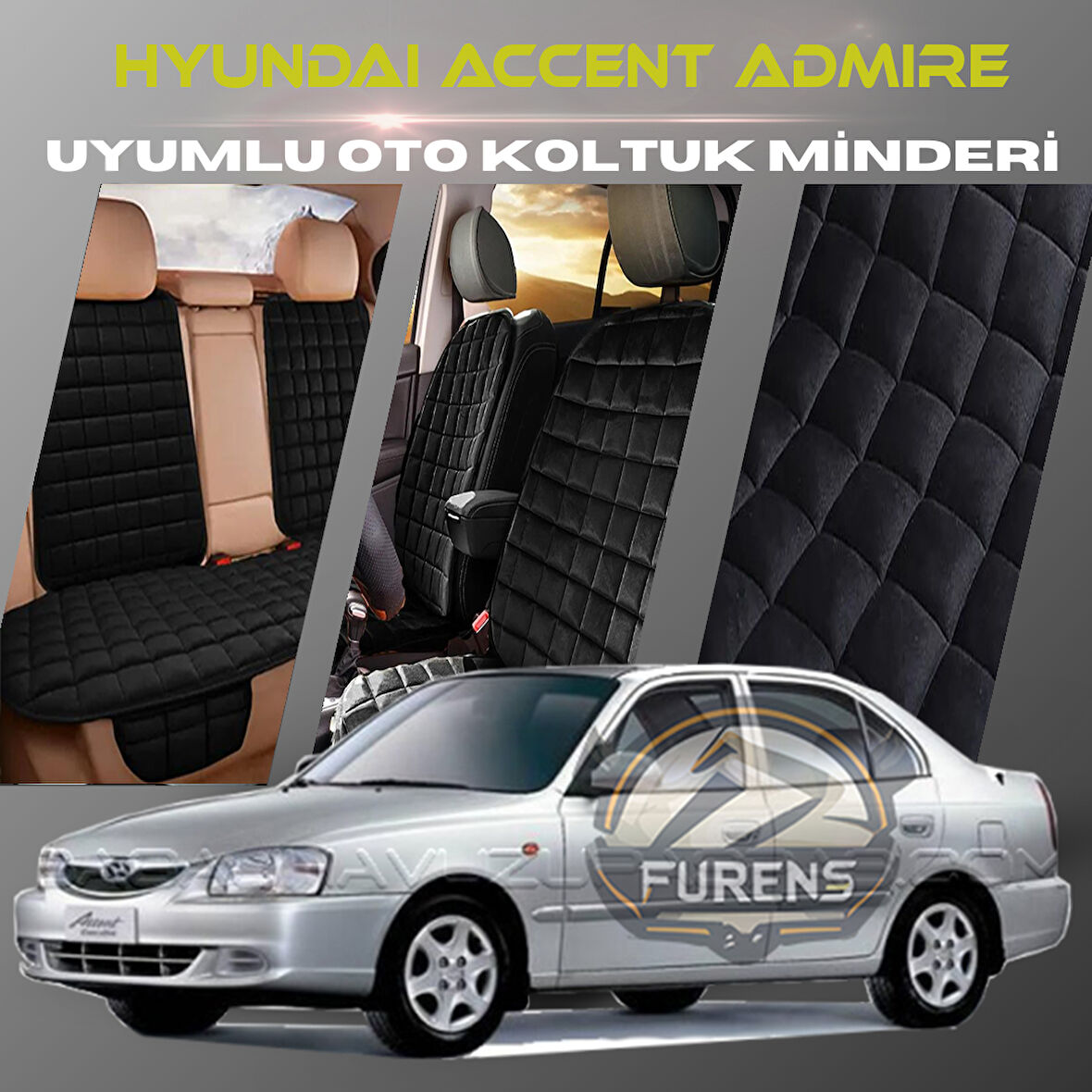 Hyunda Accent Admire Siyah Renk Tay Tüyü Cepli & Terletmez Sırtlı Oto Koltuk Minder Seti - Koltuk Koruma Kılıfı (ÖN & ARKA TAM SET)
