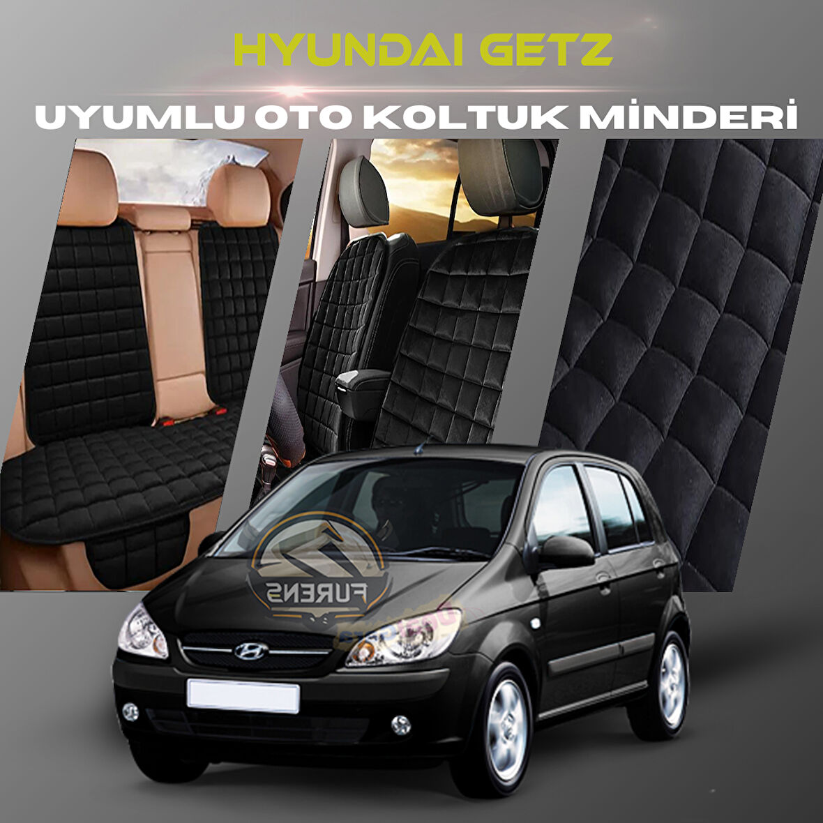 Hyundai Getz Siyah Renk Tay Tüyü Cepli & Terletmez Sırtlı Oto Koltuk Minder Seti - Koltuk Koruma Kılıfı (ÖN & ARKA TAM SET)