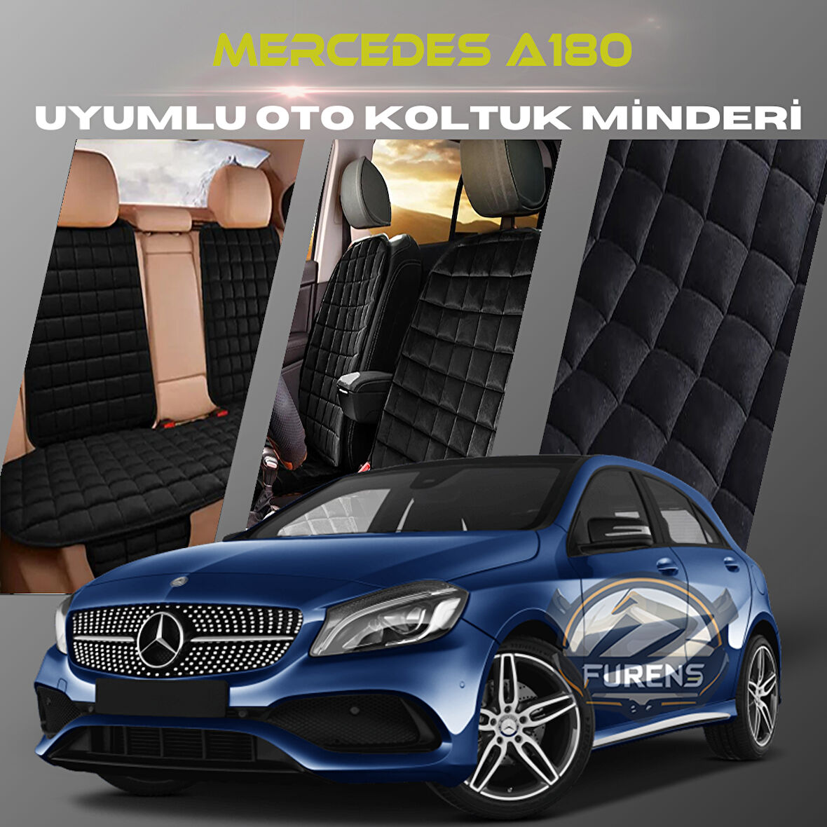 Mercedes A180 Siyah Renk Tay Tüyü Cepli & Terletmez Sırtlı Oto Koltuk Minder Seti - Koltuk Koruma Kılıfı (ÖN & ARKA TAM SET)