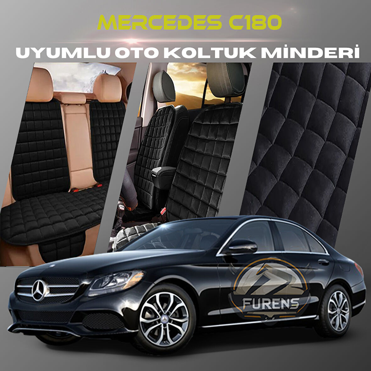 Mercedes C180 Siyah Renk Tay Tüyü Cepli & Terletmez Sırtlı Oto Koltuk Minder Seti - Koltuk Koruma Kılıfı (ÖN & ARKA TAM SET)