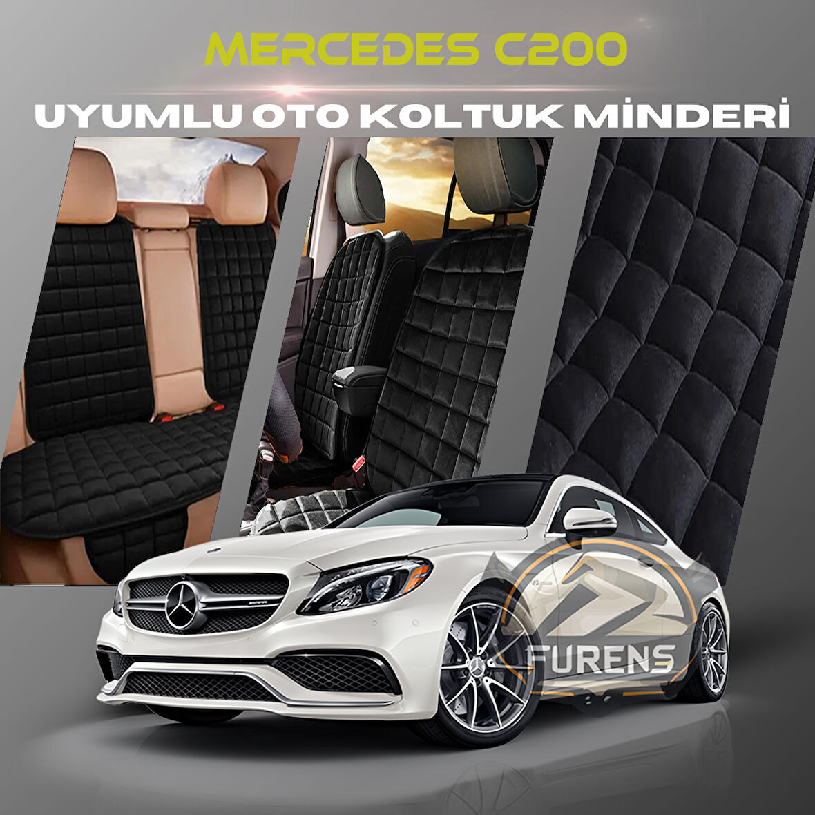Mercedes C200 Siyah Renk Tay Tüyü Cepli & Terletmez Sırtlı Oto Koltuk Minder Seti - Koltuk Koruma Kılıfı (ÖN & ARKA TAM SET)