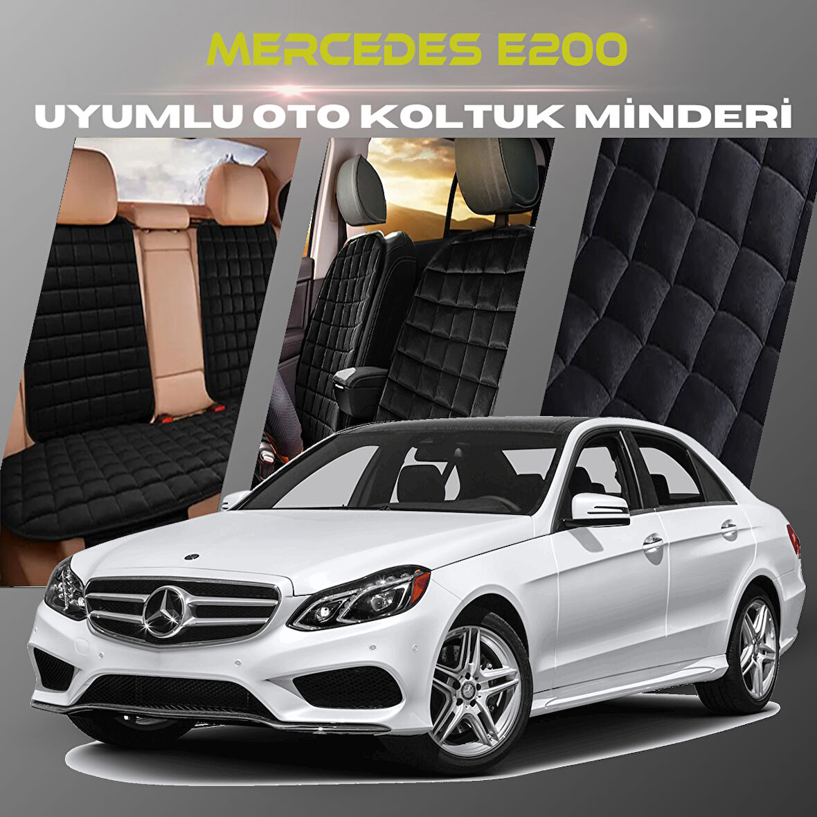 Mercedes E200 Siyah Renk Tay Tüyü Cepli & Terletmez Sırtlı Oto Koltuk Minder Seti - Koltuk Koruma Kılıfı (ÖN & ARKA TAM SET)