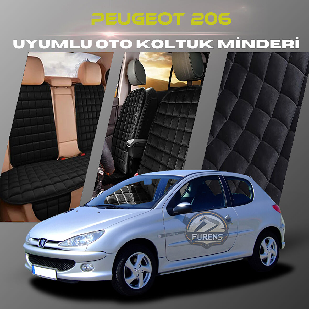 Peugeot 206 Siyah Renk Tay Tüyü Cepli & Terletmez Sırtlı Oto Koltuk Minder Seti - Koltuk Koruma Kılıfı (ÖN & ARKA TAM SET)