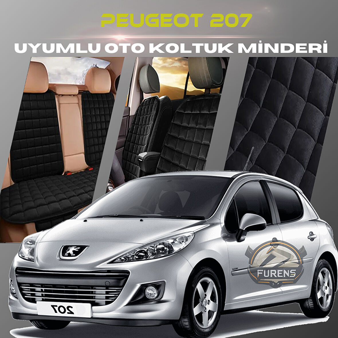 Peugeot 207 Siyah Renk Tay Tüyü Cepli & Terletmez Sırtlı Oto Koltuk Minder Seti - Koltuk Koruma Kılıfı (ÖN & ARKA TAM SET)