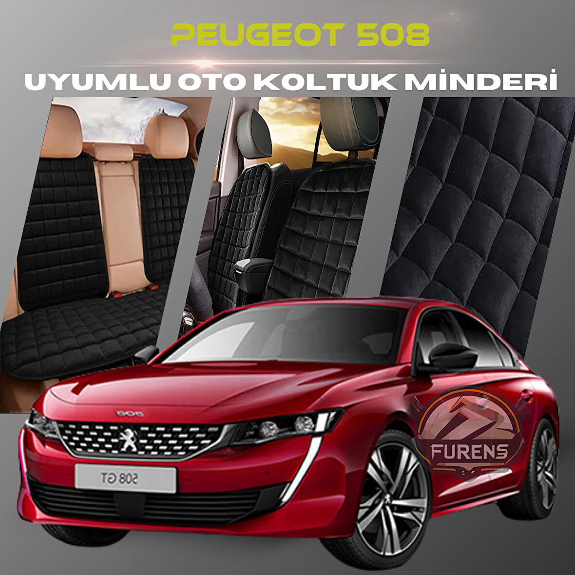 Peugeot 508 Siyah Renk Tay Tüyü Cepli & Terletmez Sırtlı Oto Koltuk Minder Seti - Koltuk Koruma Kılıfı (ÖN & ARKA TAM SET)