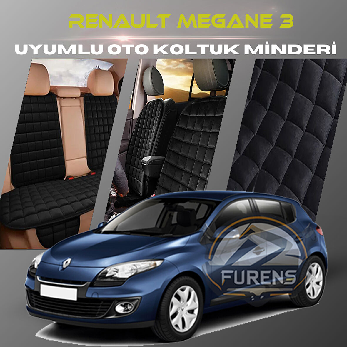 Renault Megane 3 Siyah Renk Tay Tüyü Cepli & Terletmez Sırtlı Oto Koltuk Minder Seti - Koltuk Koruma Kılıfı (ÖN & ARKA TAM SET)