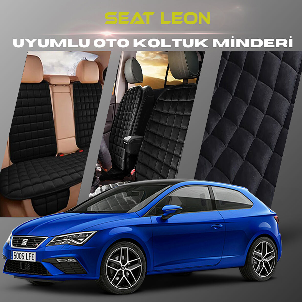 Seat Leon Siyah Renk Tay Tüyü Cepli & Terletmez Sırtlı Oto Koltuk Minder Seti - Koltuk Koruma Kılıfı (ÖN & ARKA TAM SET)