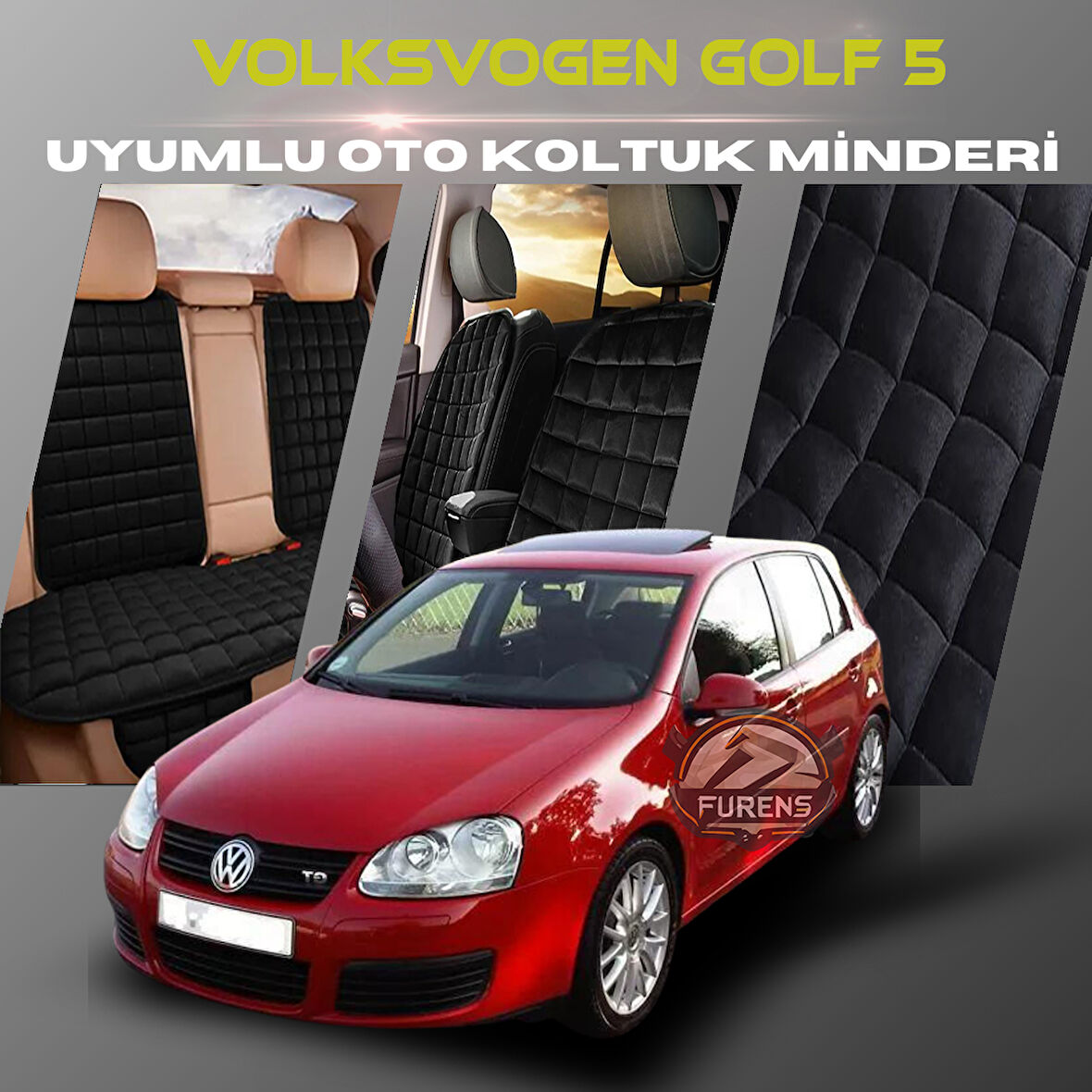 Volksvogen Golf 5 Siyah Renk Tay Tüyü Cepli & Terletmez Sırtlı Oto Koltuk Minder Seti - Koltuk Koruma Kılıfı (ÖN & ARKA TAM SET)