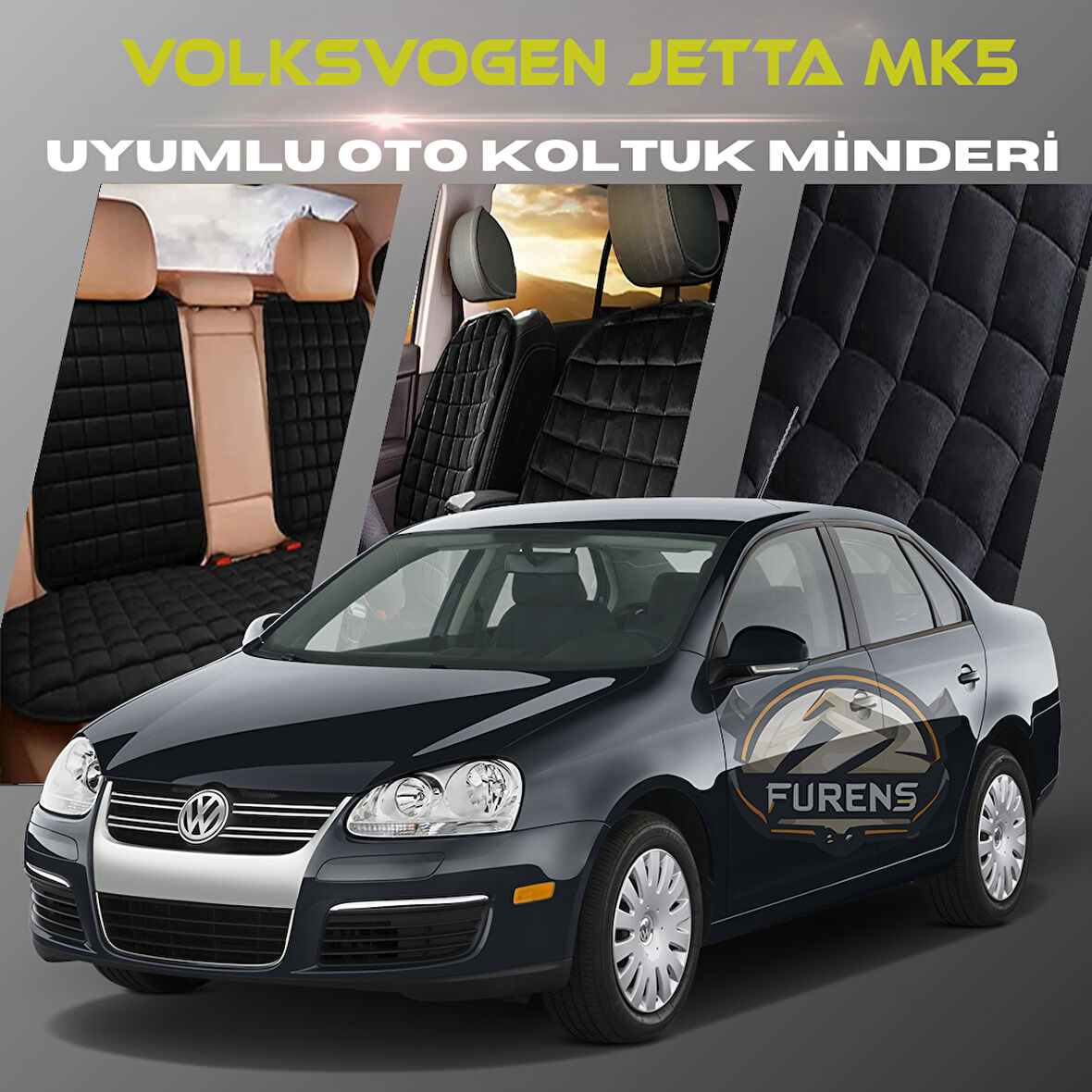 Volksvogen Jetta Mk5 Siyah Renk Tay Tüyü Cepli & Terletmez Sırtlı Oto Koltuk Minder Seti - Koltuk Koruma Kılıfı (ÖN & ARKA TAM SET)