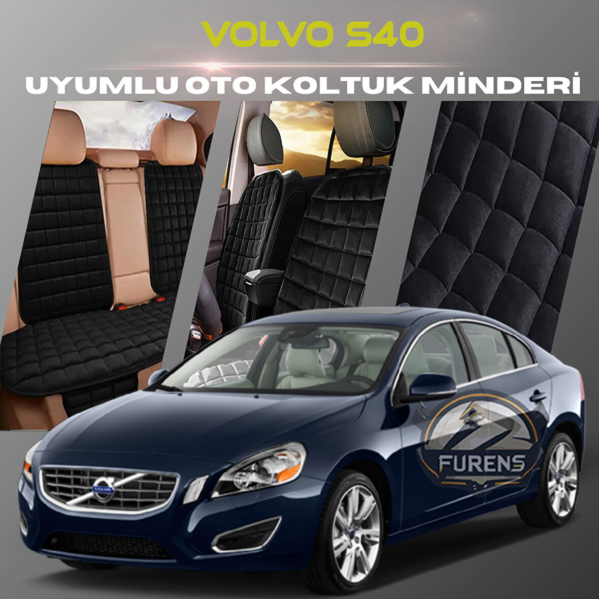 Volvo S40 Siyah Renk Tay Tüyü Cepli & Terletmez Sırtlı Oto Koltuk Minder Seti - Koltuk Koruma Kılıfı (ÖN & ARKA TAM SET)