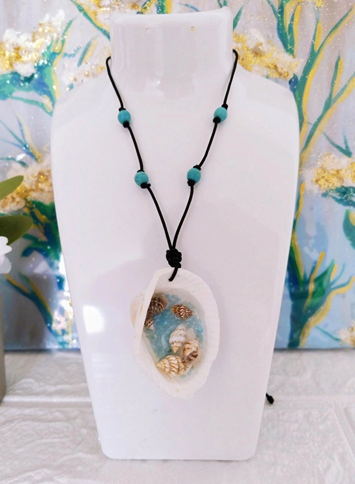 Deniz kabuğu epoksi kolye turkuaz