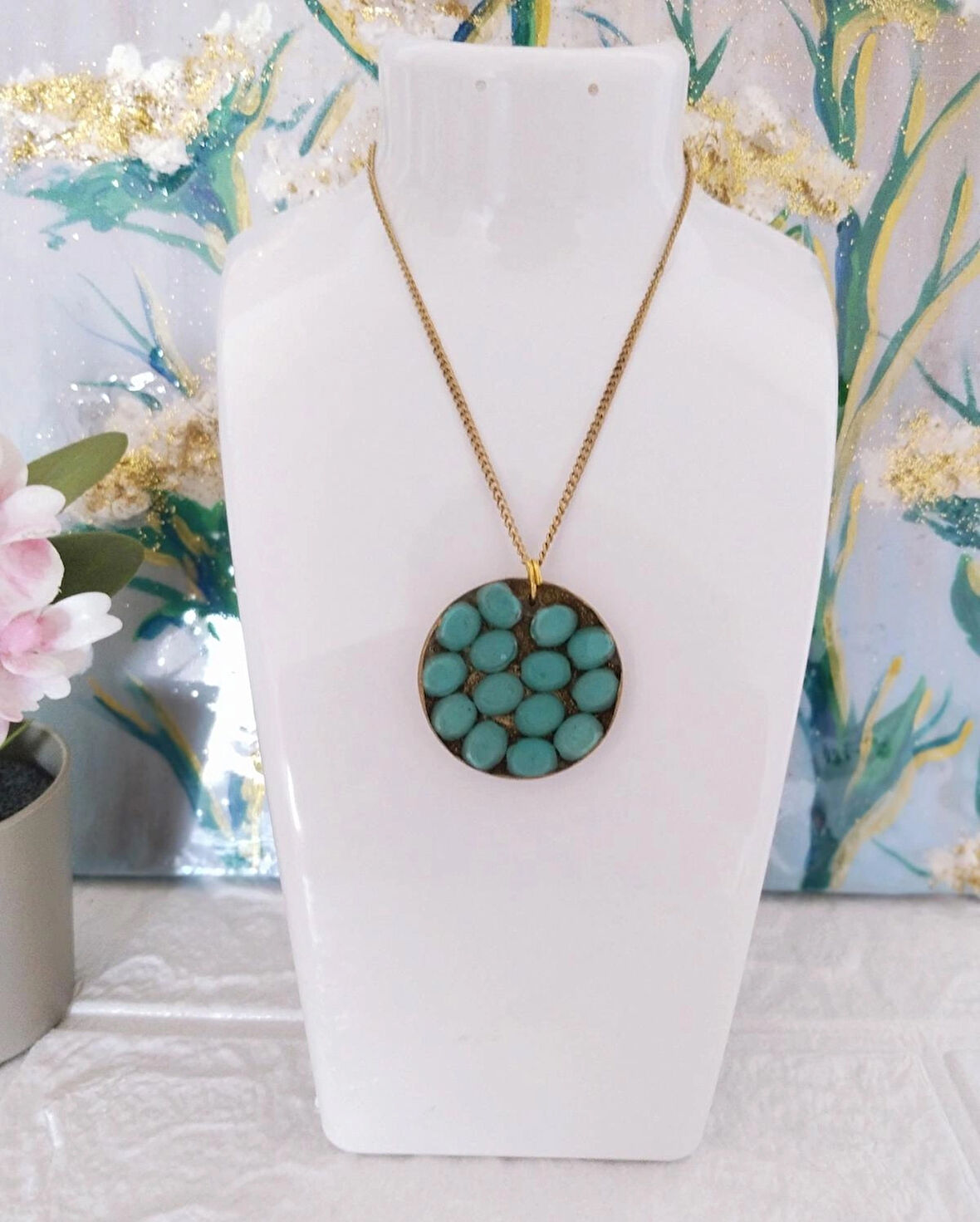 Doğal deniz kabuğu epoksi kolye turkuaz taşlı 