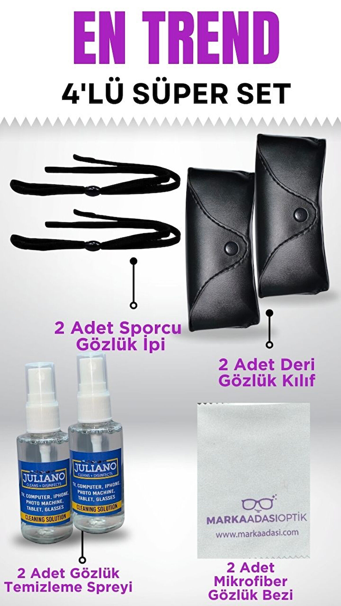 Süper 4lü Set- Gözlük İpi, Gözlük Kılıfı, Temizleme Sprey, Microfiber Bez