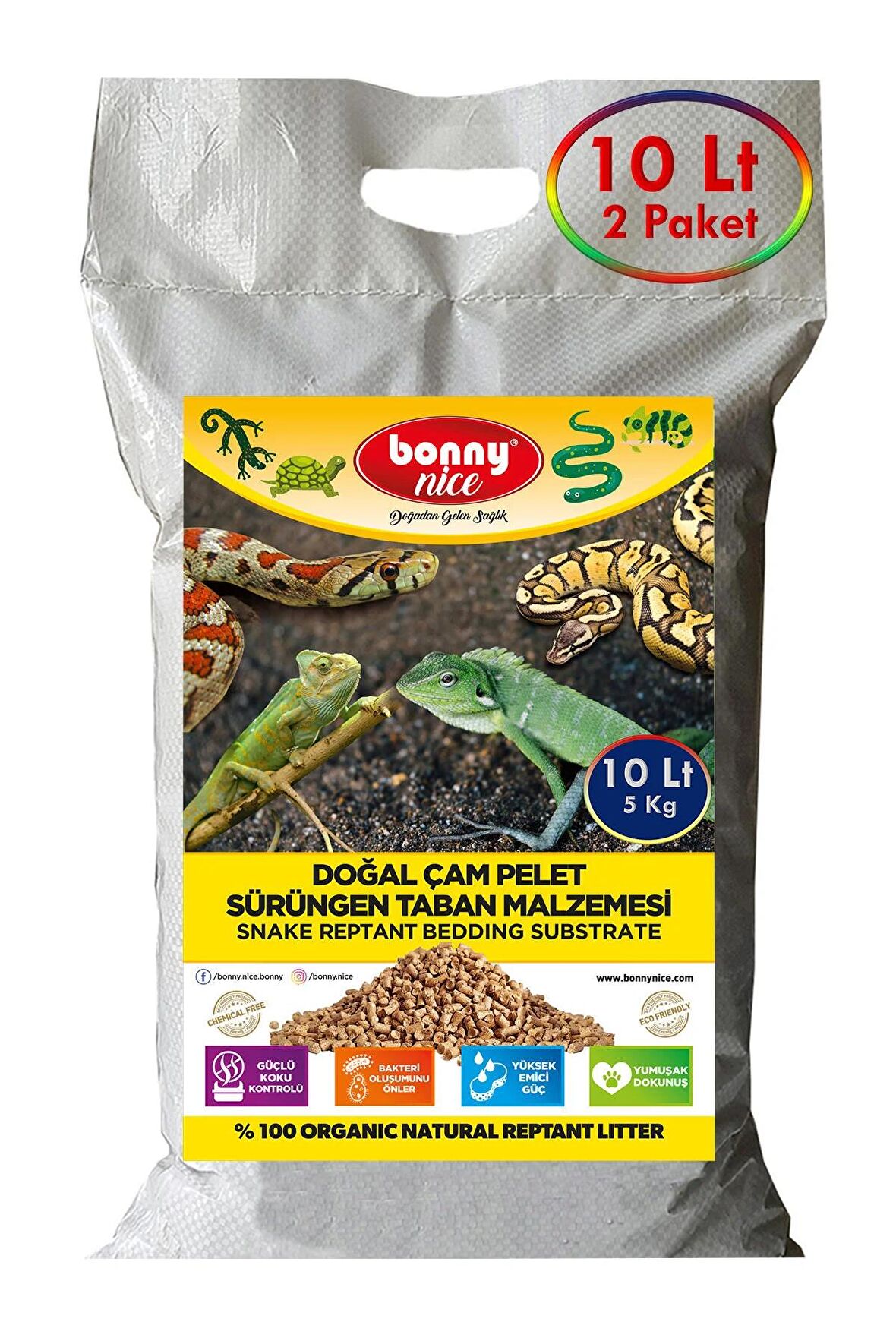 Bonny Nice Doğal Çam Pellet Sürüngen Taban Malzemesi 5 Kg 10 Lt (2 Adet)