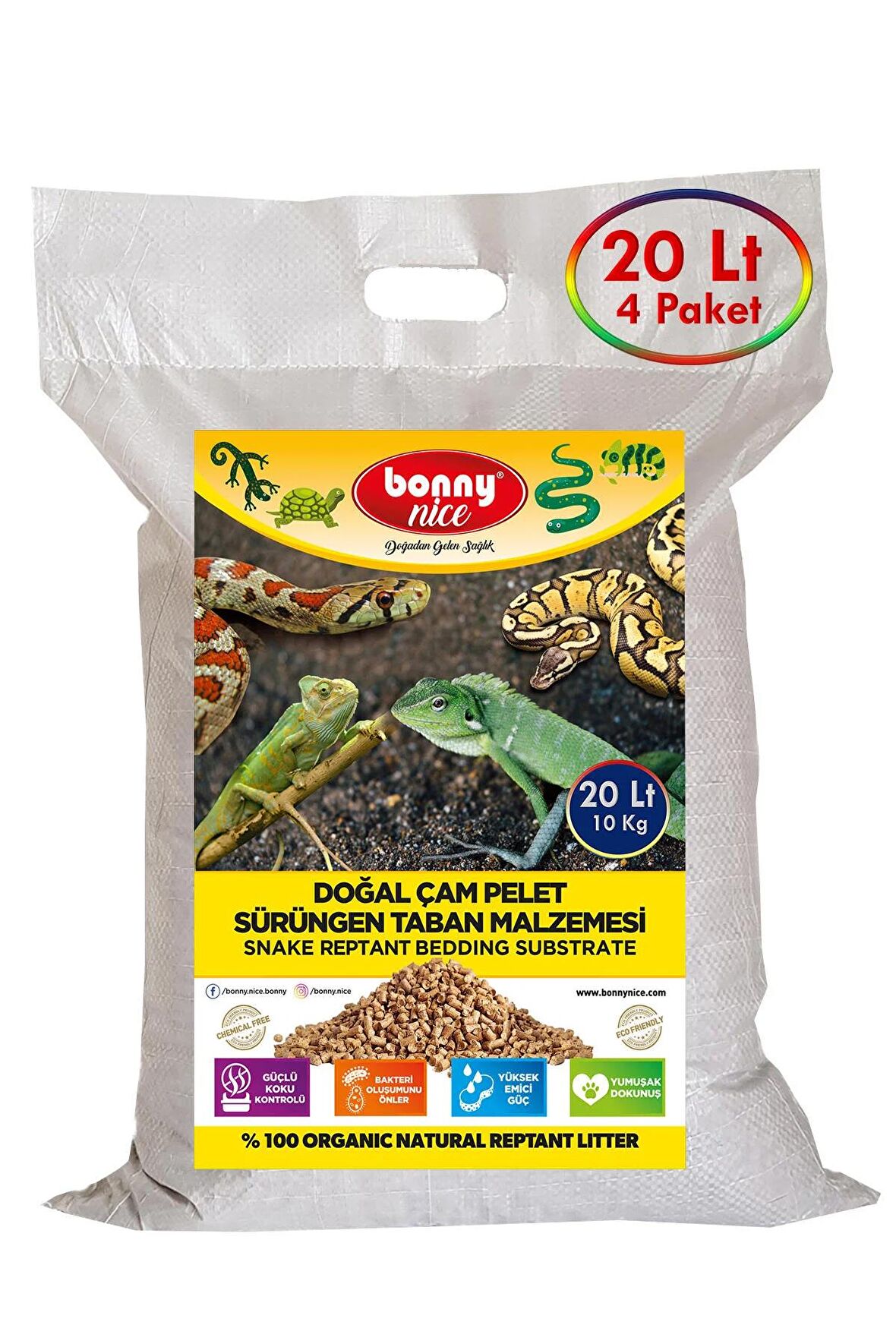 Bonny Nice Doğal Çam Pellet Sürüngen Taban Malzemesi 10 Kg 20 Lt (4 Adet)