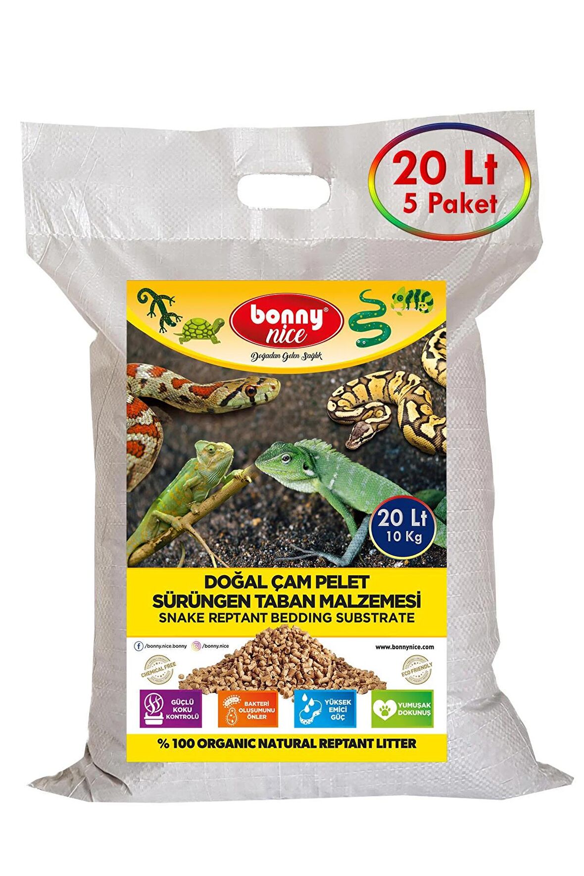 Bonny Nice Doğal Çam Pellet Sürüngen Taban Malzemesi 10 Kg 20 Lt (5 Adet)