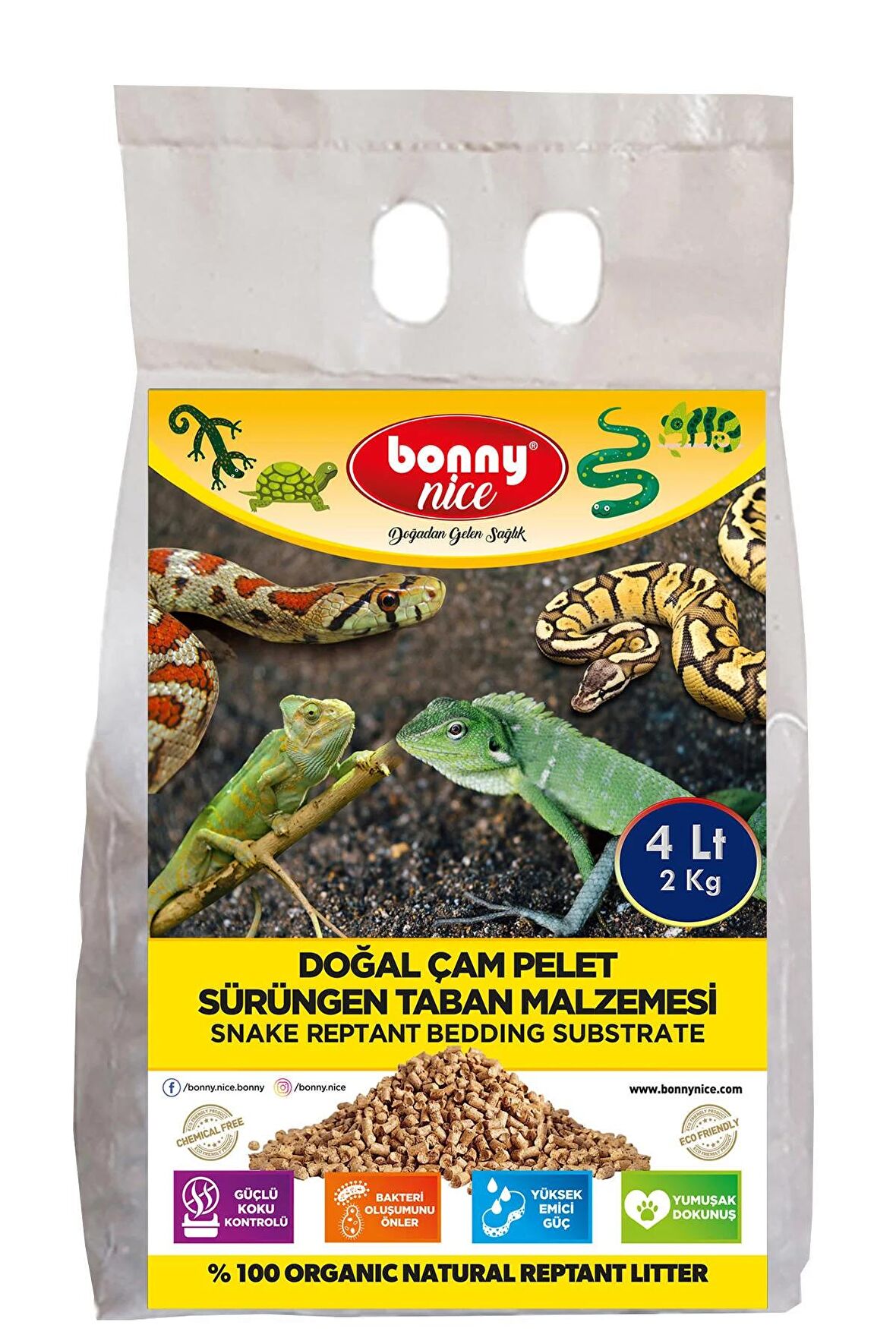 Bonny Nice Doğal Çam Pellet Sürüngen Taban Malzemesi 2 Kg 4 Lt