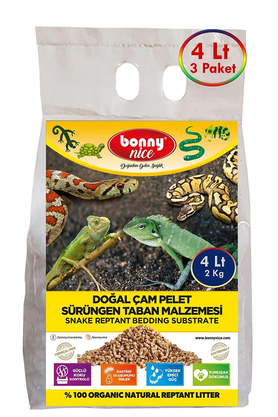 Bonny Nice Doğal Çam Pellet Sürüngen Taban Malzemesi 2 Kg 4 Lt (3 Adet)