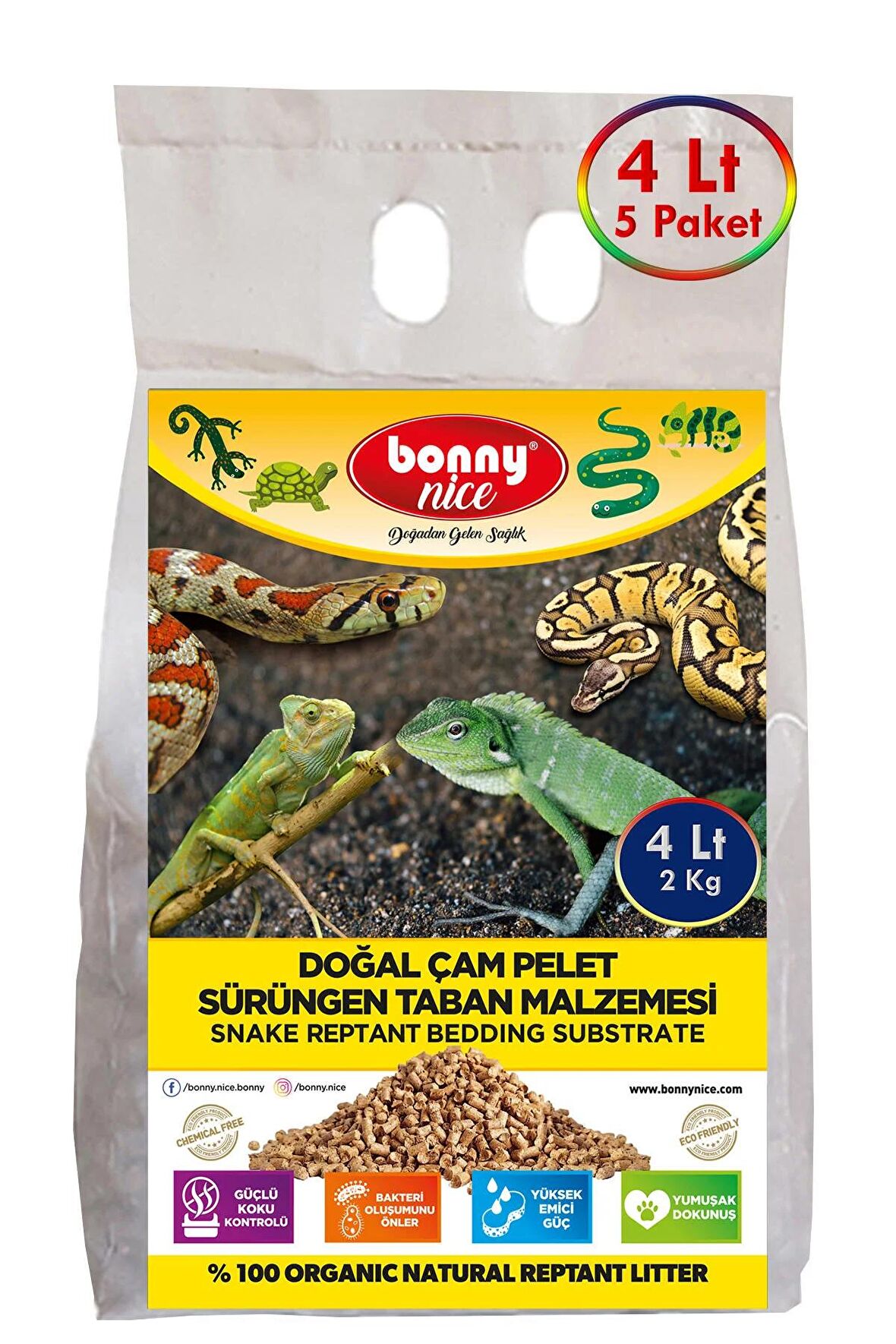 Bonny Nice Doğal Çam Pellet Sürüngen Taban Malzemesi 2 Kg 4 Lt (5 Adet)