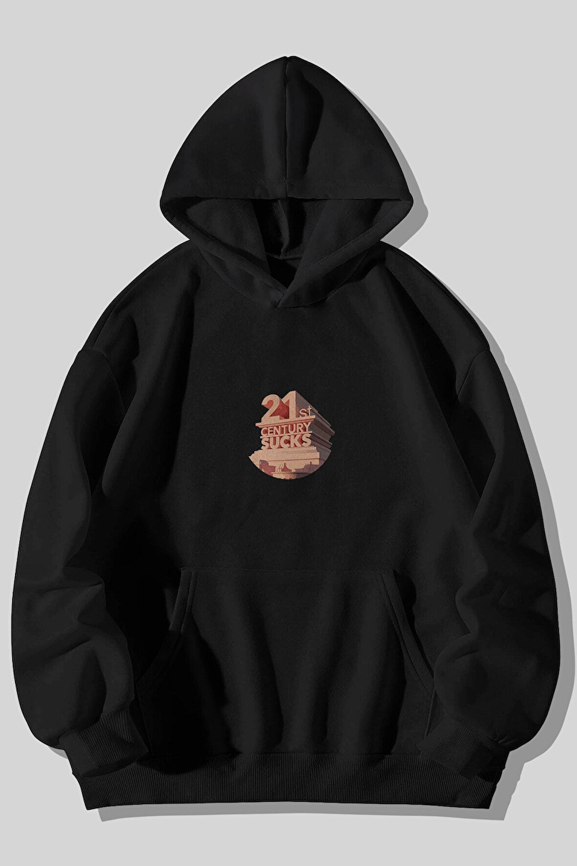 21 St Baskılı Unisex Siyah Kanguru Cepli Kapüşonlu Sweatshirt Hoodie | L
