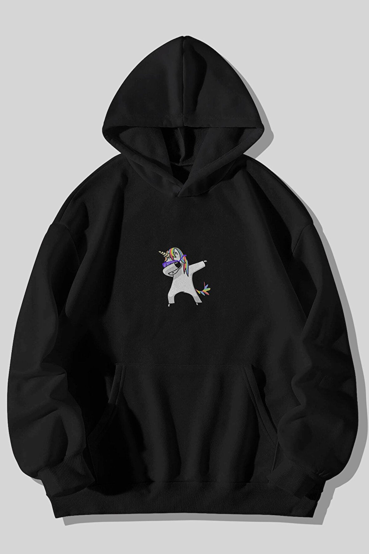 Dabbing Unicorn Baskılı Unisex Siyah Kanguru Cepli Kapüşonlu Sweatshirt Hoodie | M