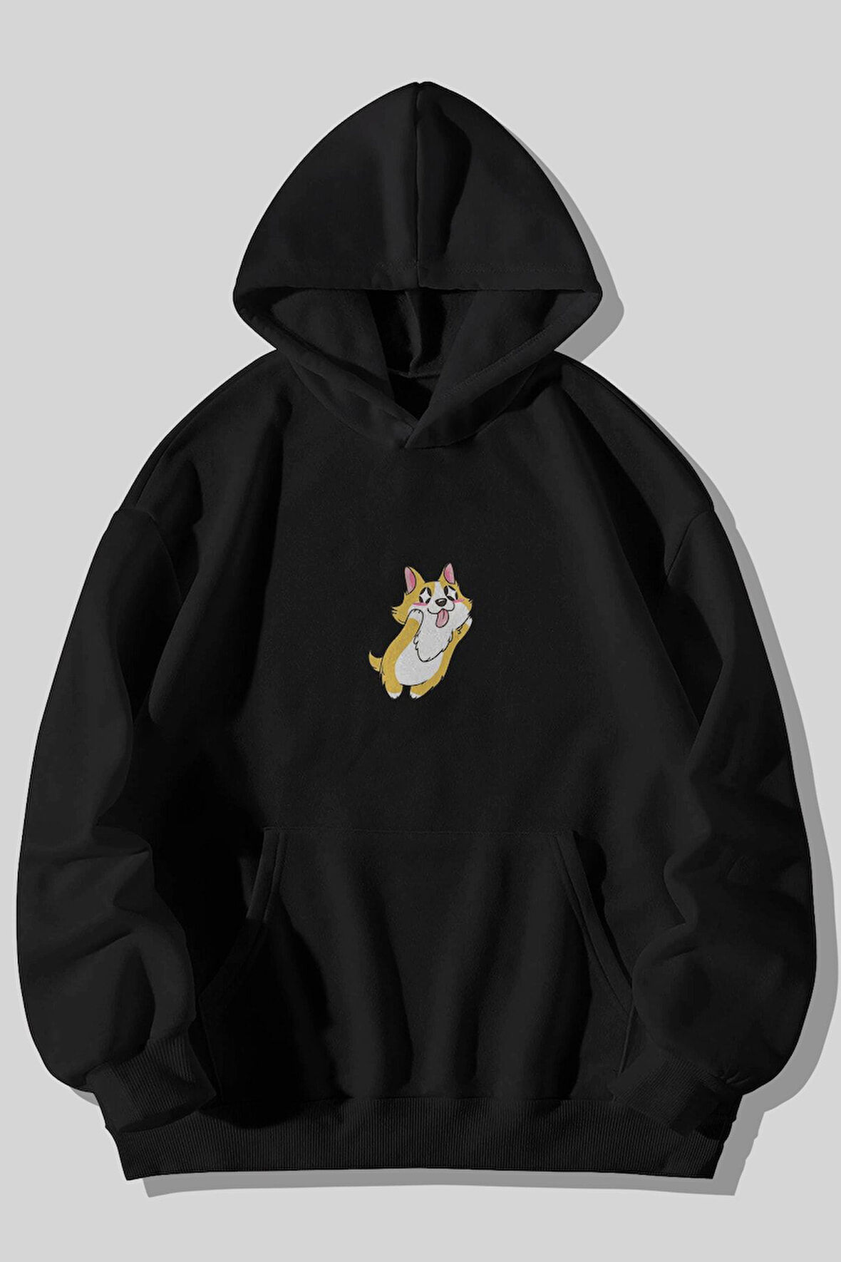 Kawaii Köpek Baskılı Unisex Siyah Kanguru Cepli Kapüşonlu Sweatshirt Hoodie | S
