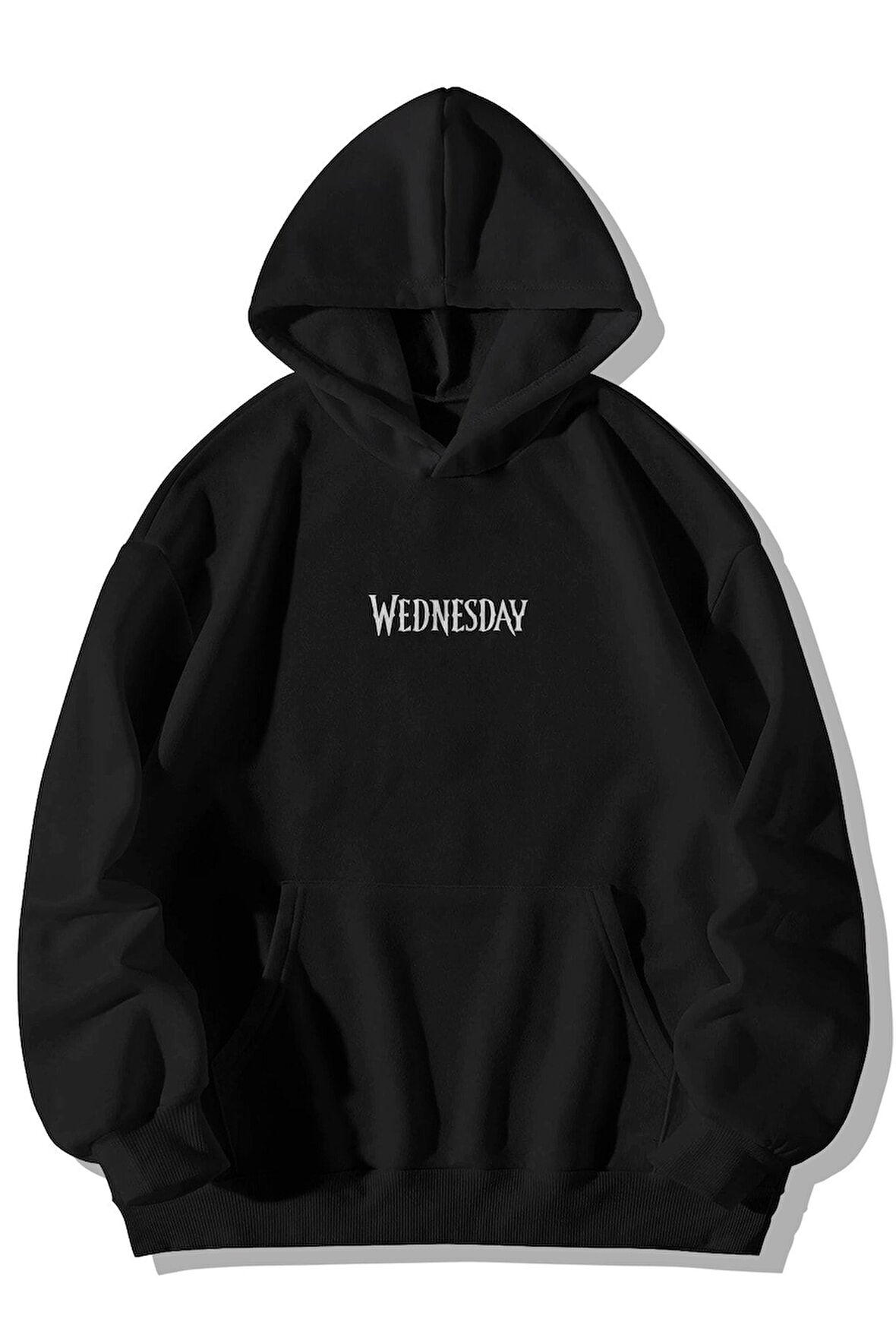 Wednesday Addams Ön Arka Baskılı Unisex Siyah Kanguru Cepli Kapüşonlu Sweatshirt Hoodie | L