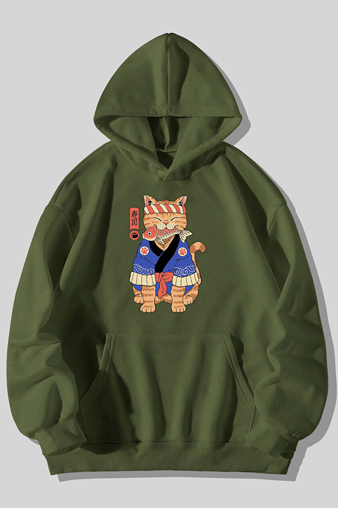 Üç İplik Anime Kedi Baskılı Unisex Çimen Kanguru Cepli Kapüşonlu Sweatshirt Hoodie | M