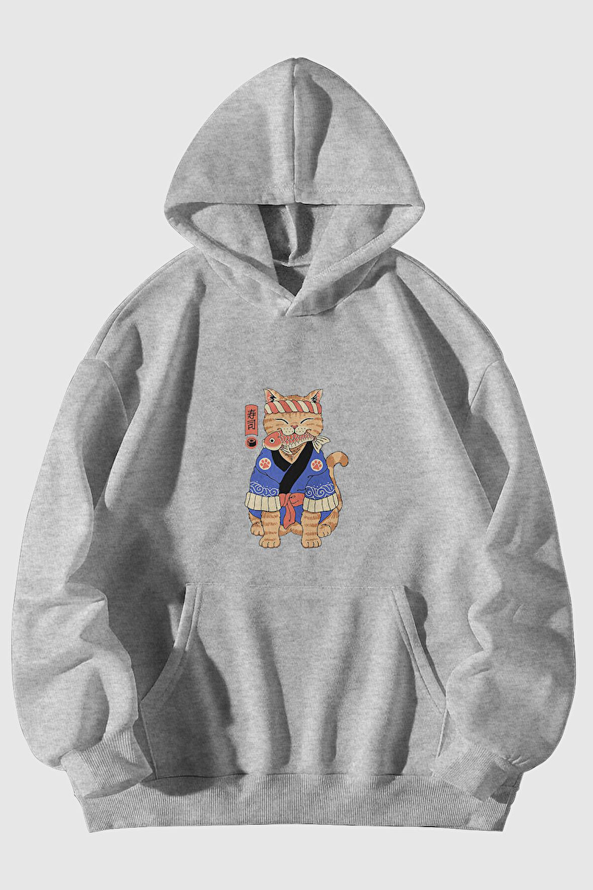 Anime Kedi Baskılı Unisex Gri Kanguru Cepli Kapüşonlu Sweatshirt Hoodie | S