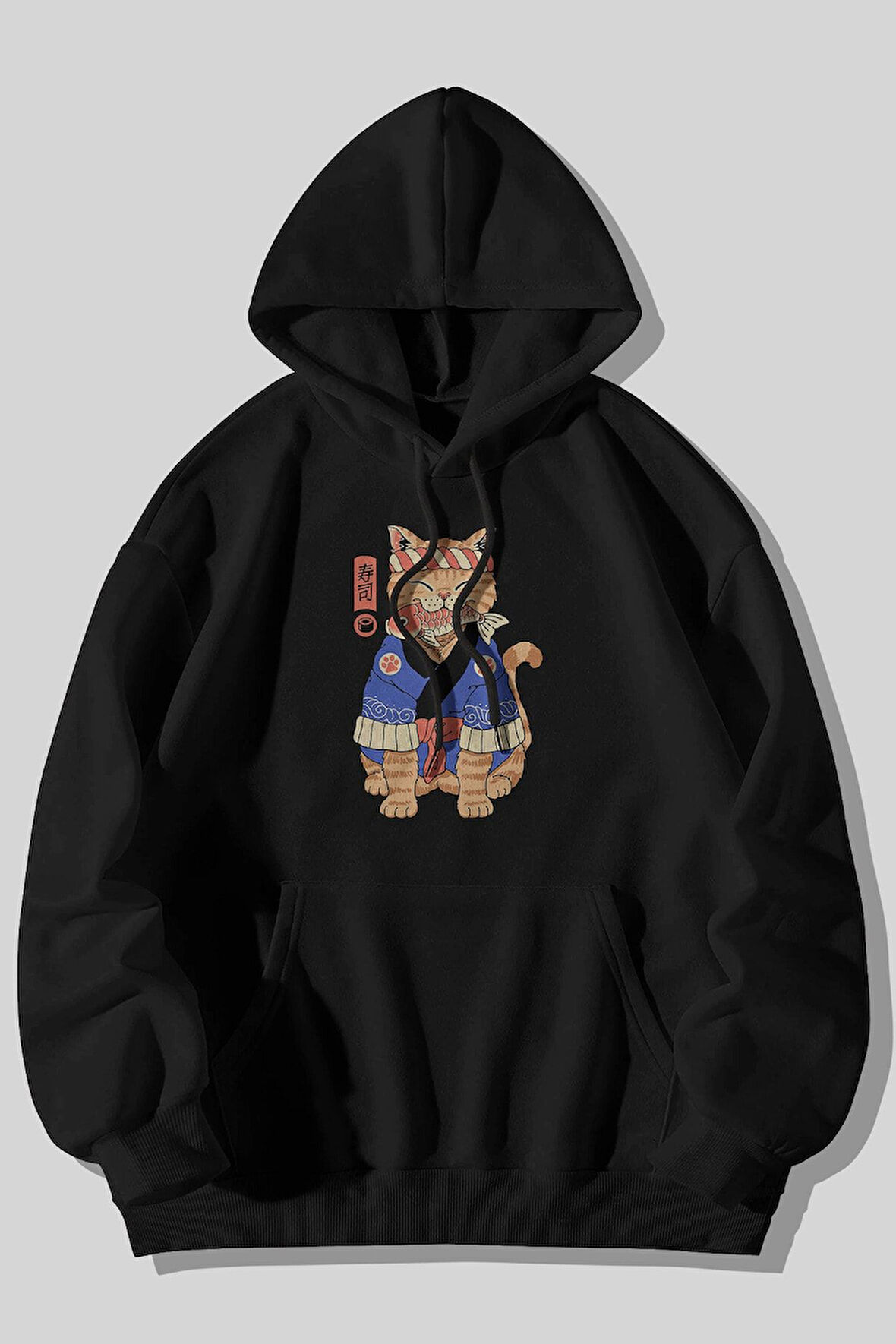 Anime Kedi Baskılı Unisex Siyah Kanguru Cepli Kapüşonlu Sweatshirt Hoodie | L