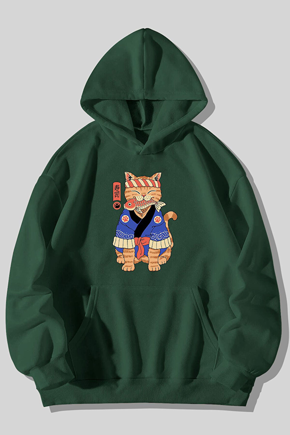 Anime Kedi Baskılı Unisex Yeşil Kanguru Cepli Kapüşonlu Sweatshirt Hoodie | S