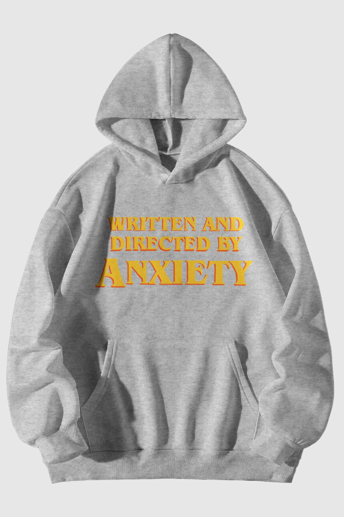 Written And Directed by Anxiety Baskılı Unisex Gri Kanguru Cepli Kapüşonlu Sweatshirt Hoodie | M