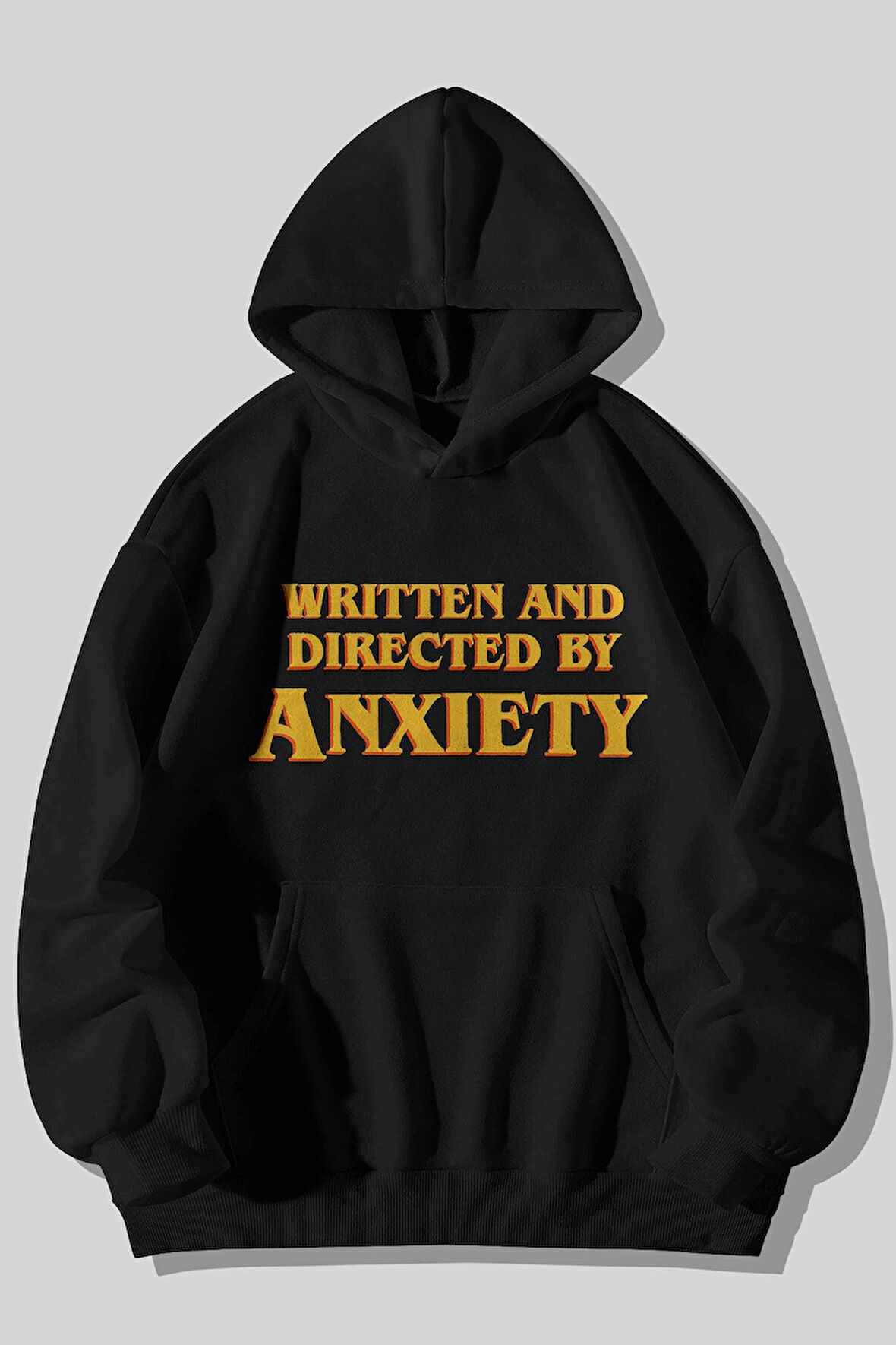 Written And Directed By Anxiety Baskılı Unisex Siyah Kanguru Cepli Kapüşonlu Sweatshirt Hoodie | L