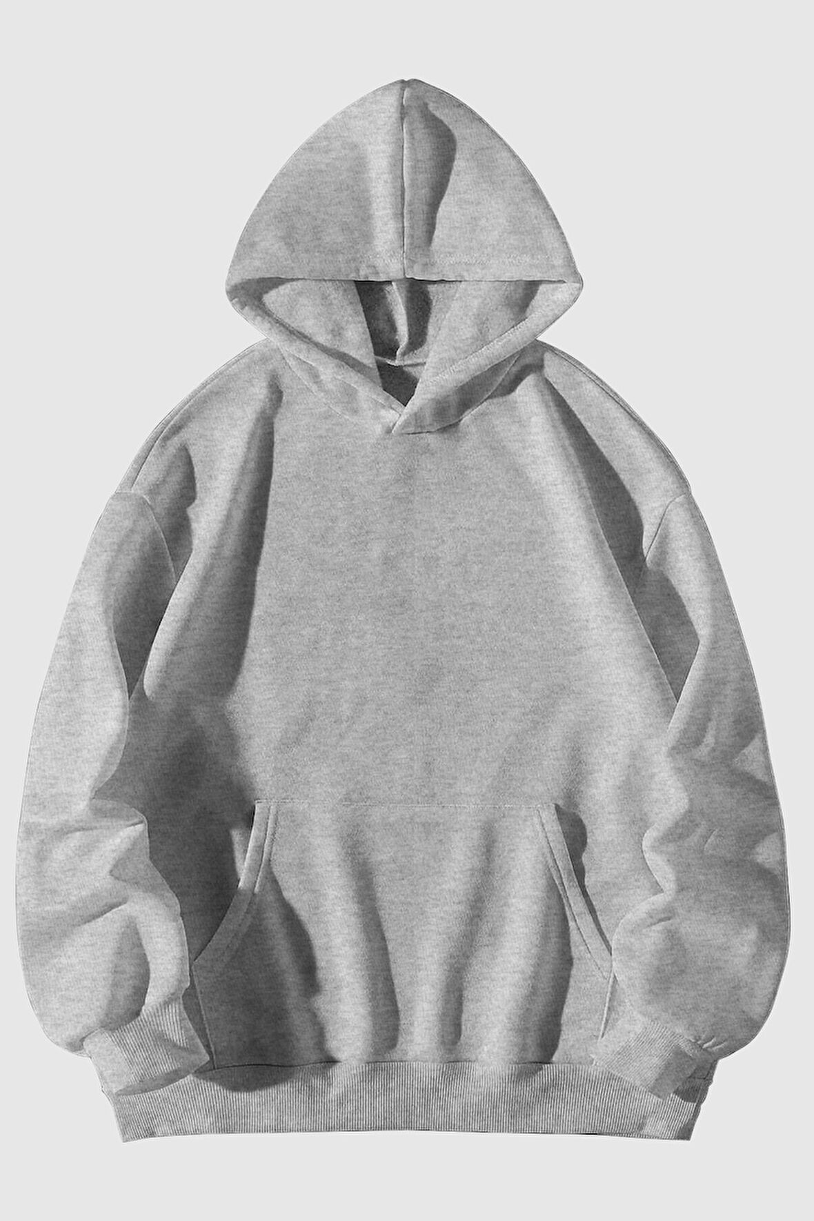 Baskısız Gri Kanguru Cepli Kapüşonlu Sweatshirt Hoodie | S