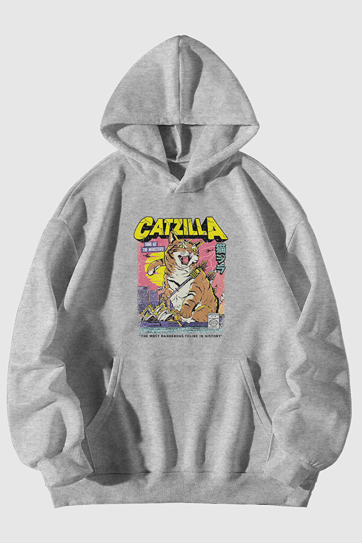 Catzilla Baskılı Unisex Gri Kanguru Cepli Kapüşonlu Sweatshirt Hoodie | S