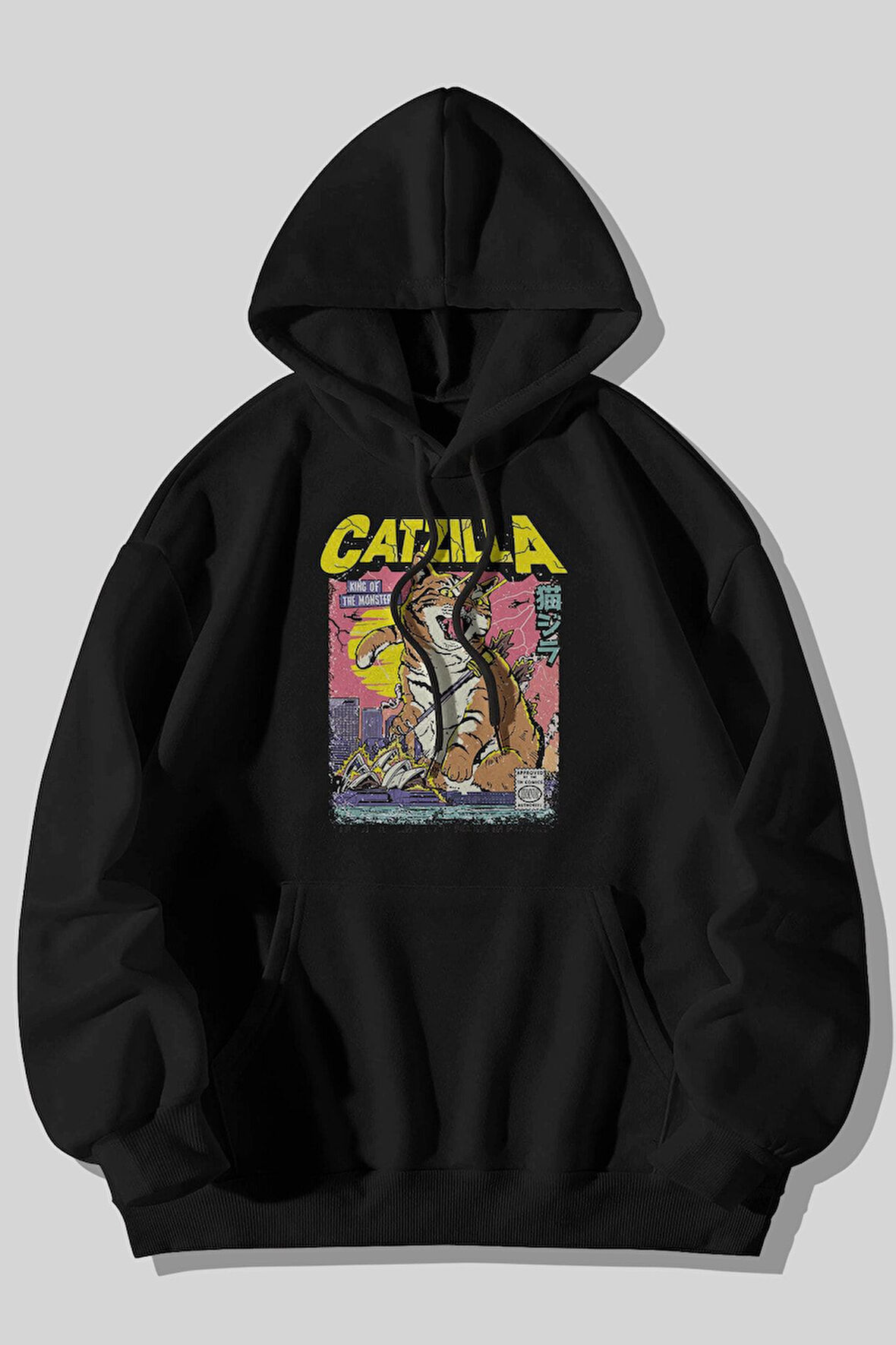 Catzilla Kedi Baskılı Unisex Siyah Kanguru Cepli Kapüşonlu Sweatshirt Hoodie | M