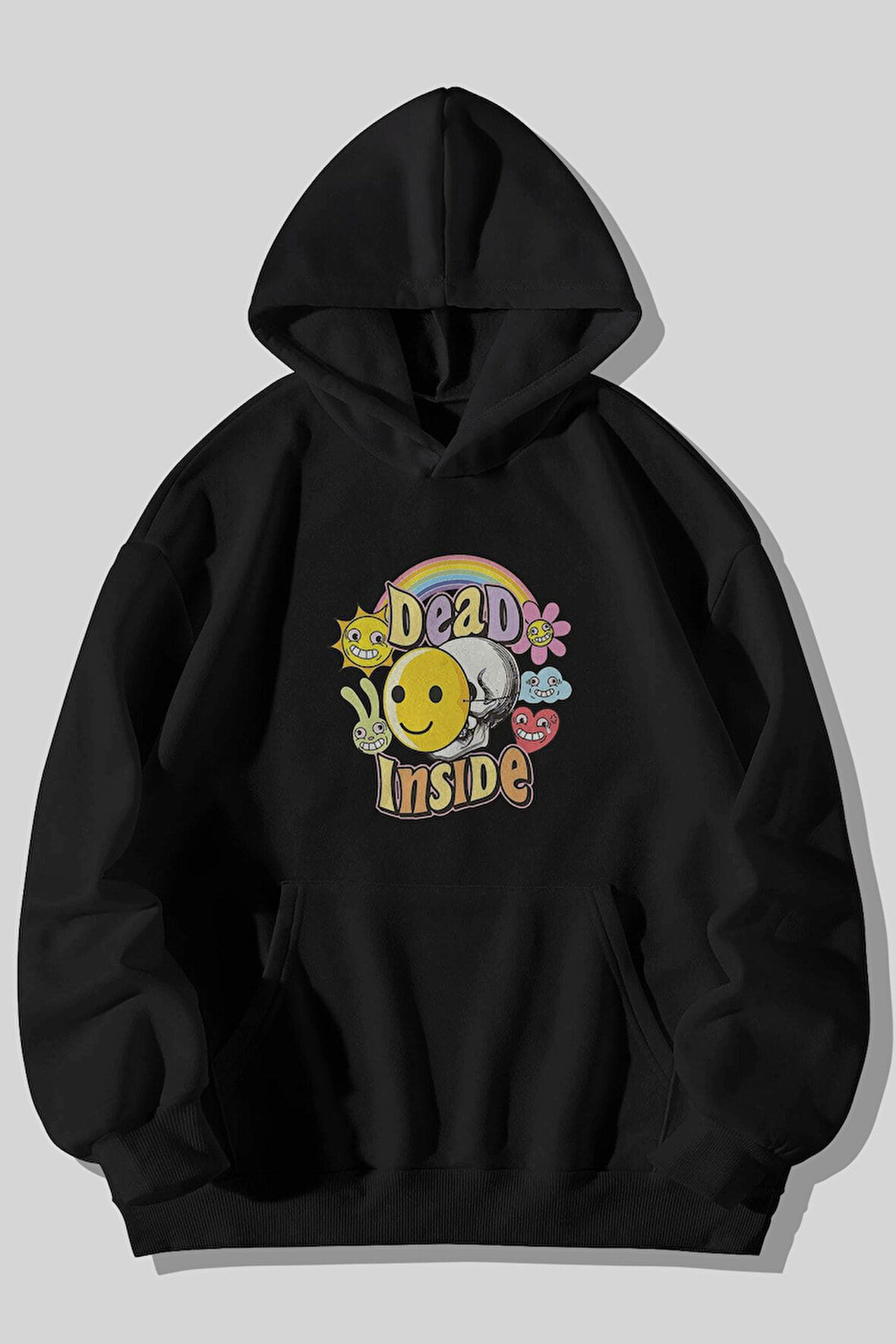 Dead Inside Depresyon Baskılı Unisex Siyah Kanguru Cepli Kapüşonlu Sweatshirt Hoodie | L