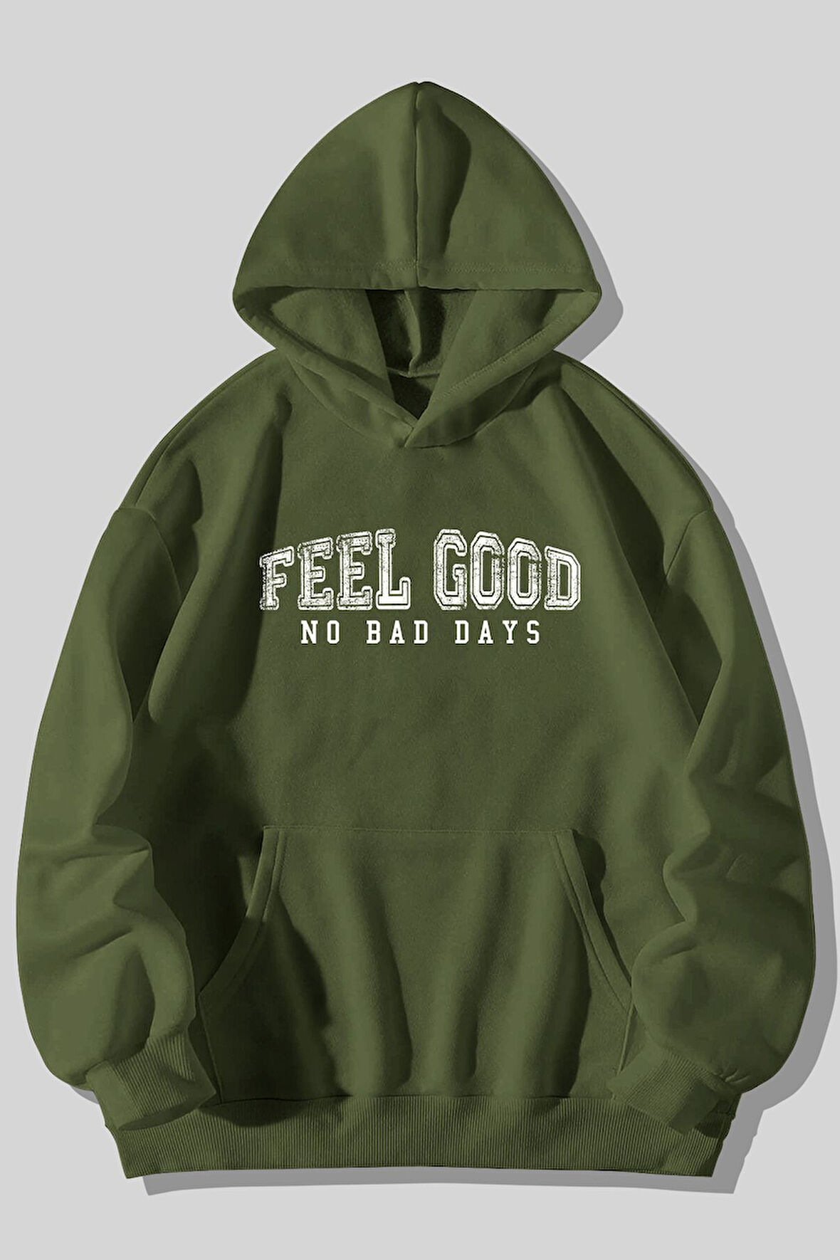 Üç İplik Feel Good No Bad Days Baskılı Unisex Çimen Kanguru Cepli Kapüşonlu Sweatshirt Hoodie | XL