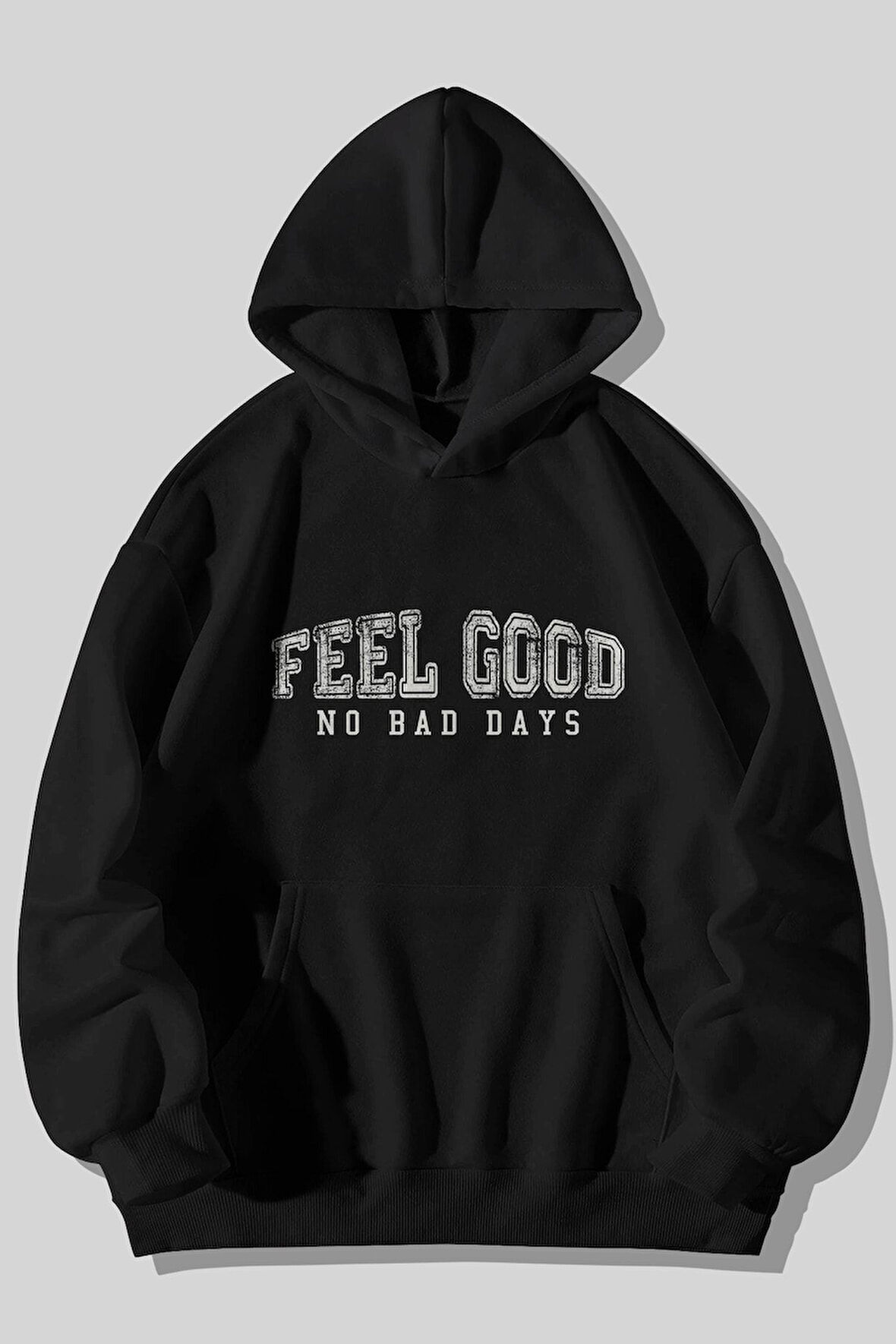Feel Good No Bad Days Baskılı Unisex Siyah Kanguru Cepli Kapüşonlu Sweatshirt Hoodie | M