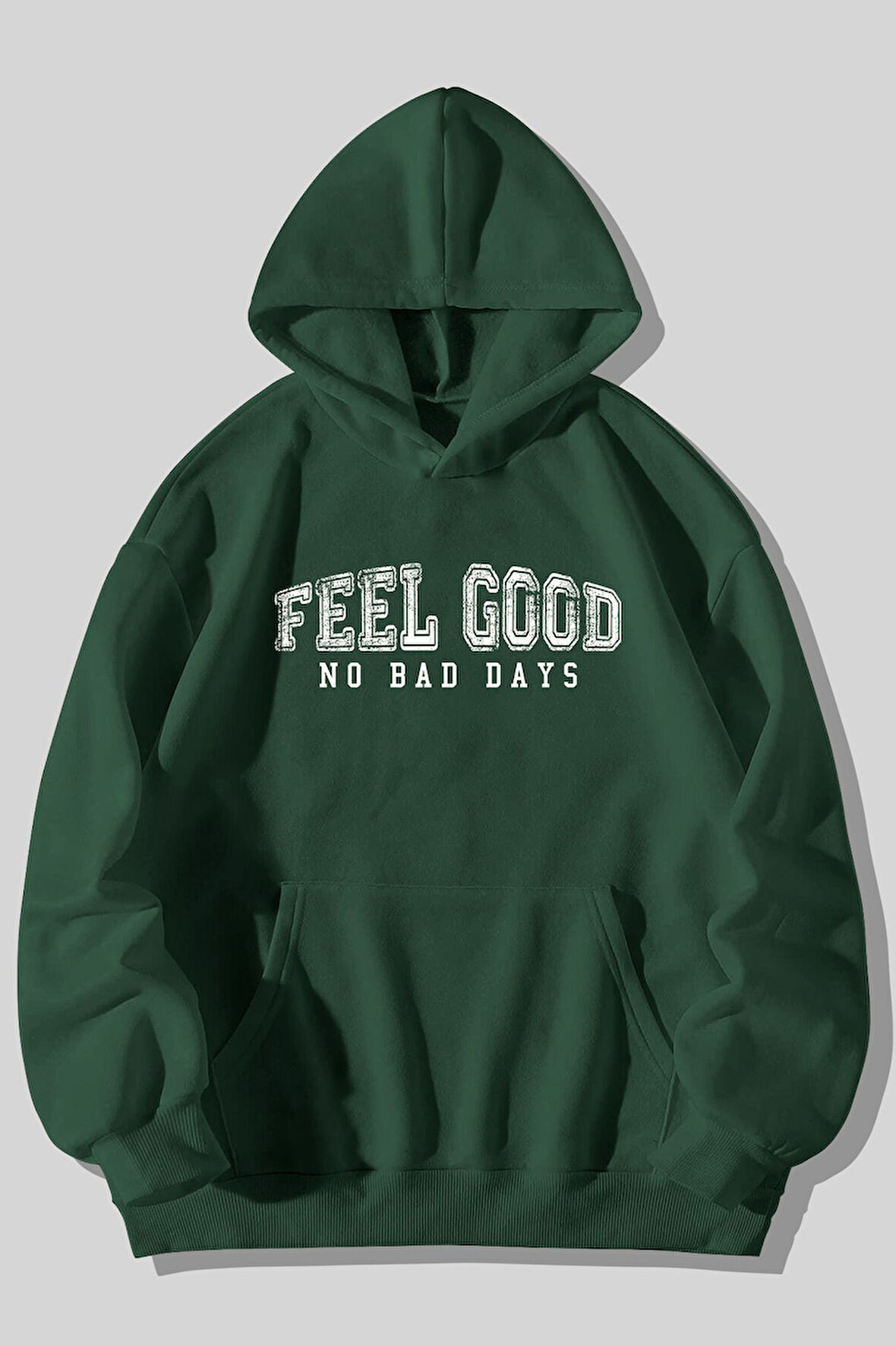 Feel Good No Bad Days Baskılı Unisex Yeşil Kanguru Cepli Kapüşonlu Sweatshirt Hoodie | L