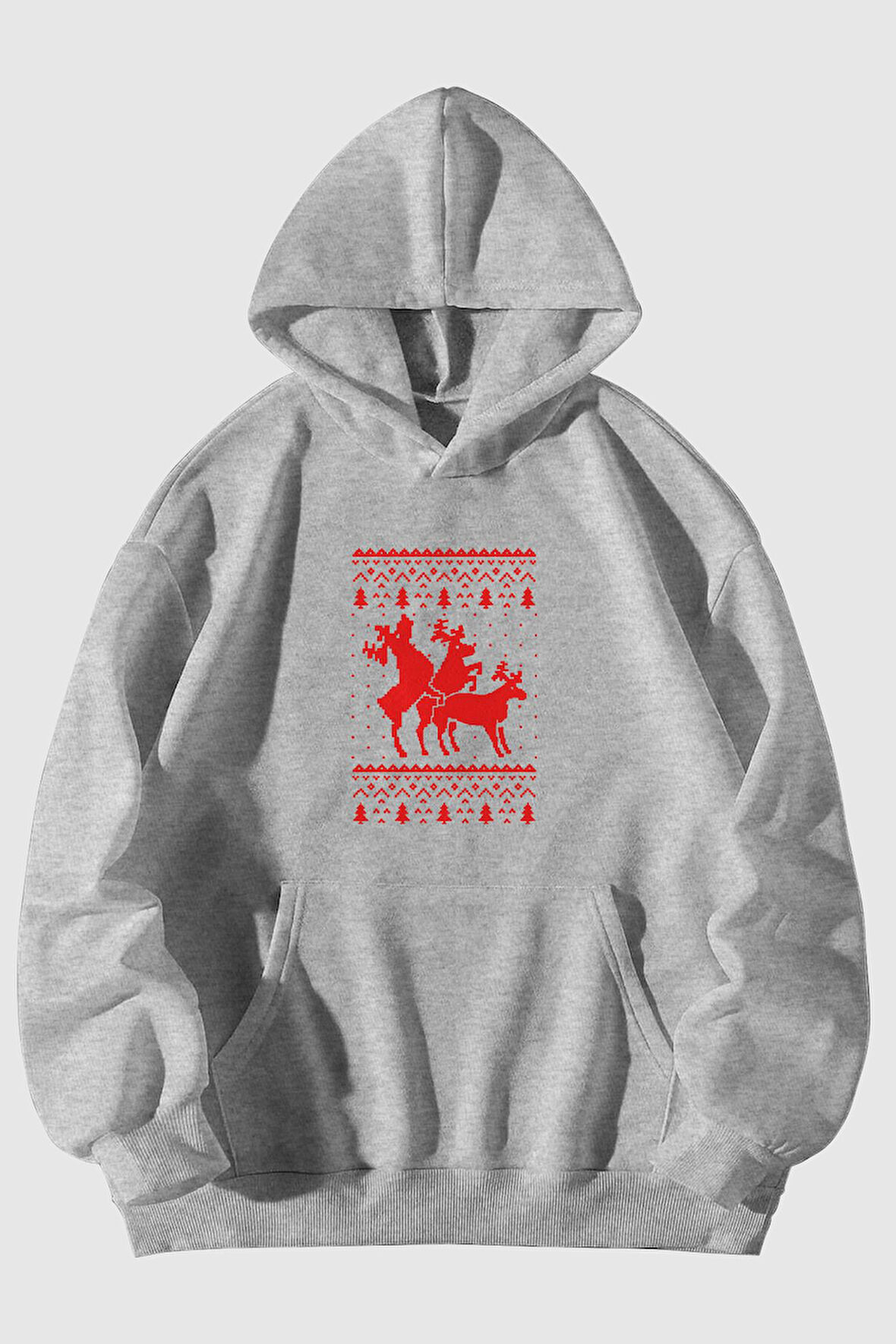 Yılbaşı Noel Baba Geyikleri Baskılı Unisex Kanguru Cepli Kapüşonlu Sweatshirt | M