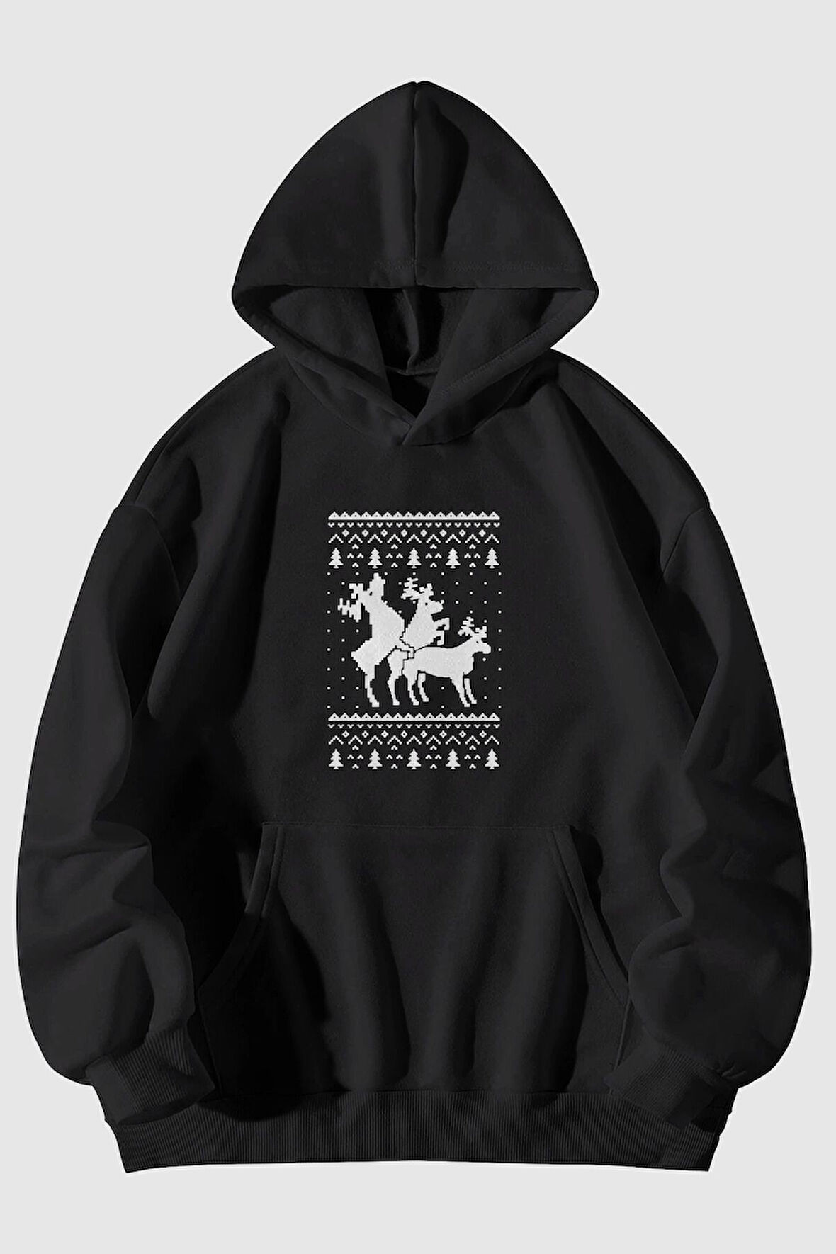 Yılbaşı Noel Baba Geyikleri Baskılı Unisex Kanguru Cepli Kapüşonlu Sweatshirt | XL