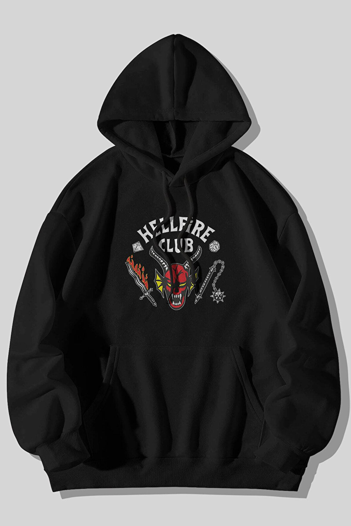 Stranger Things Hellfire Club Baskılı Unisex Siyah Kanguru Cepli Kapüşonlu Sweatshirt Hoodie | S