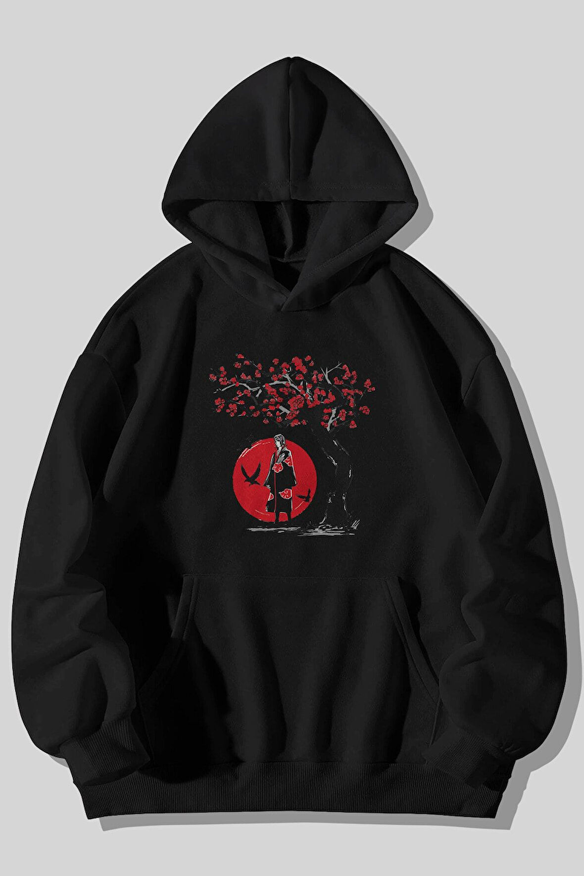 Naruto Akatsuki Itachi Baskılı Unisex Siyah Kanguru Cepli Kapüşonlu Sweatshirt Hoodie | M