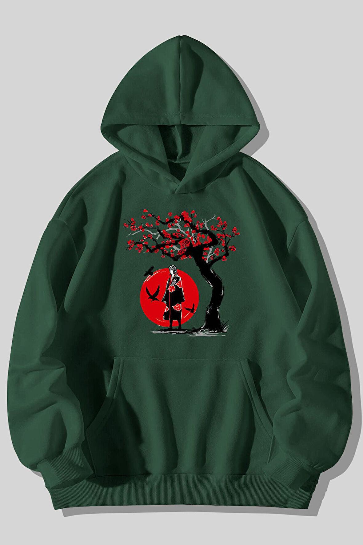 Naruto Akatsuki Itachi Baskılı Unisex Yeşil Kanguru Cepli Kapüşonlu Sweatshirt Hoodie | S