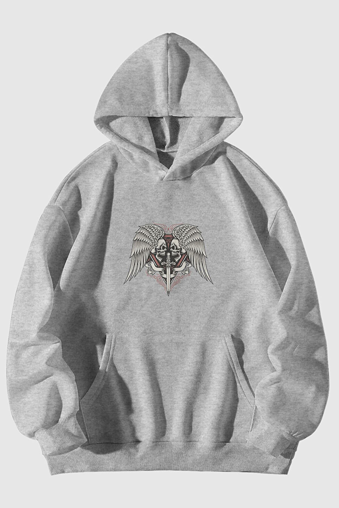 Kılıç İskelet Baskılı Unisex Gri Kanguru Cepli Kapüşonlu Sweatshirt Hoodie | L