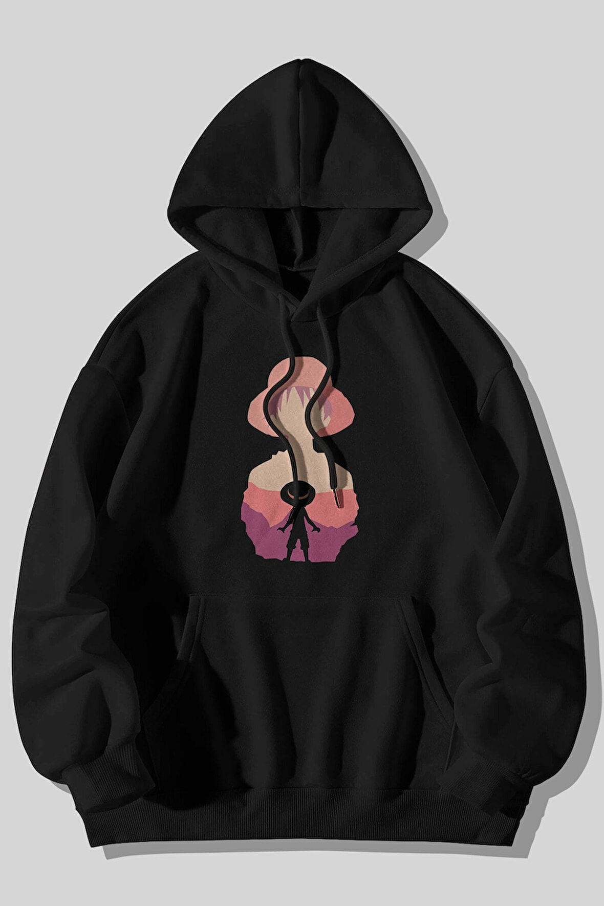 One Piece Luffy Anime Baskılı Unisex Siyah Kanguru Cepli Kapüşonlu Sweatshirt Hoodie | M